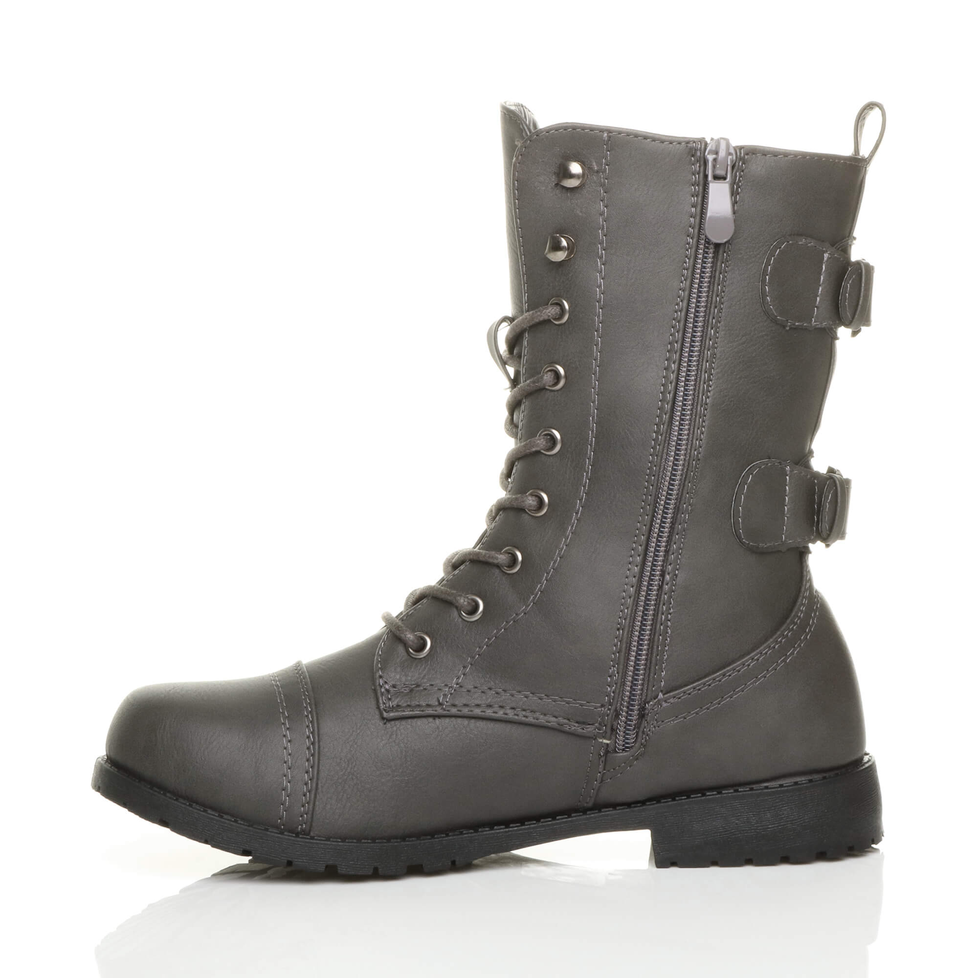 Grey AJVANI Grey Lace Up Zips Military Biker Ankle Boots, Image 3 of 6