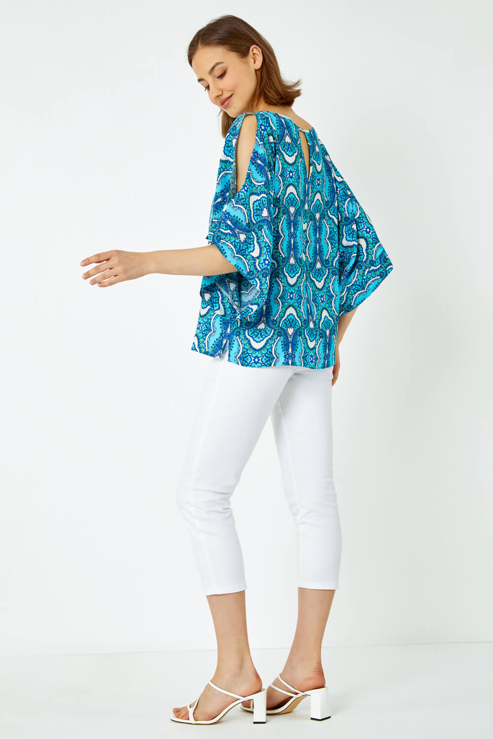 Blue Tile Print Cold Shoulder Top, Image 4 of 5