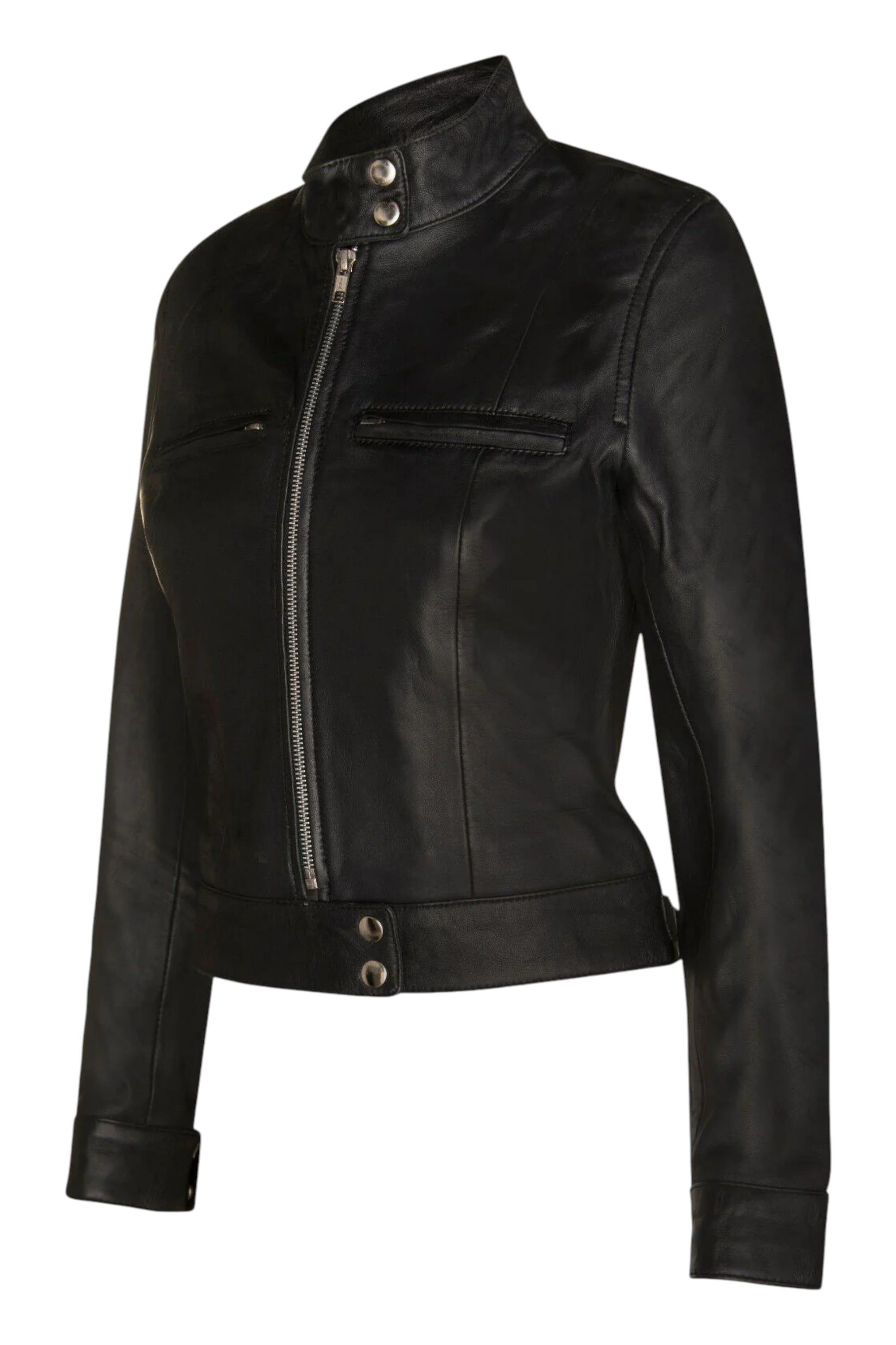 Black Womens Leather Moto Biker Jacket-Braga, Image 2 of 4