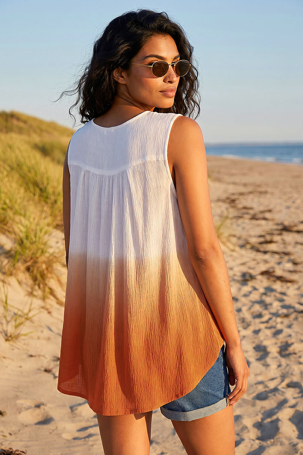 Rust Cotton Lace Detail Ombre V-Neck Vest Top, Image 4 of 4