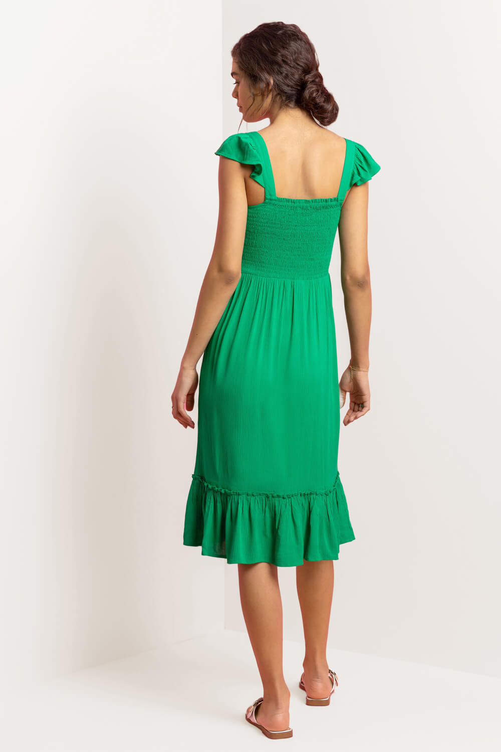 Green Shirred Bodice Frill Detail Midi Dress, Image 3 of 4