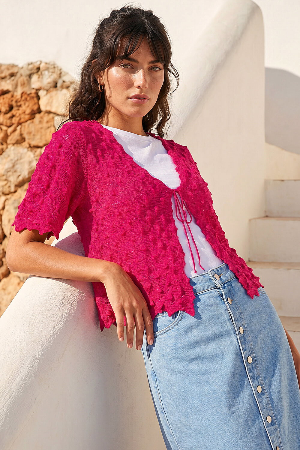 Cerise Textured Tie Front Shrug, Image 1 of 4