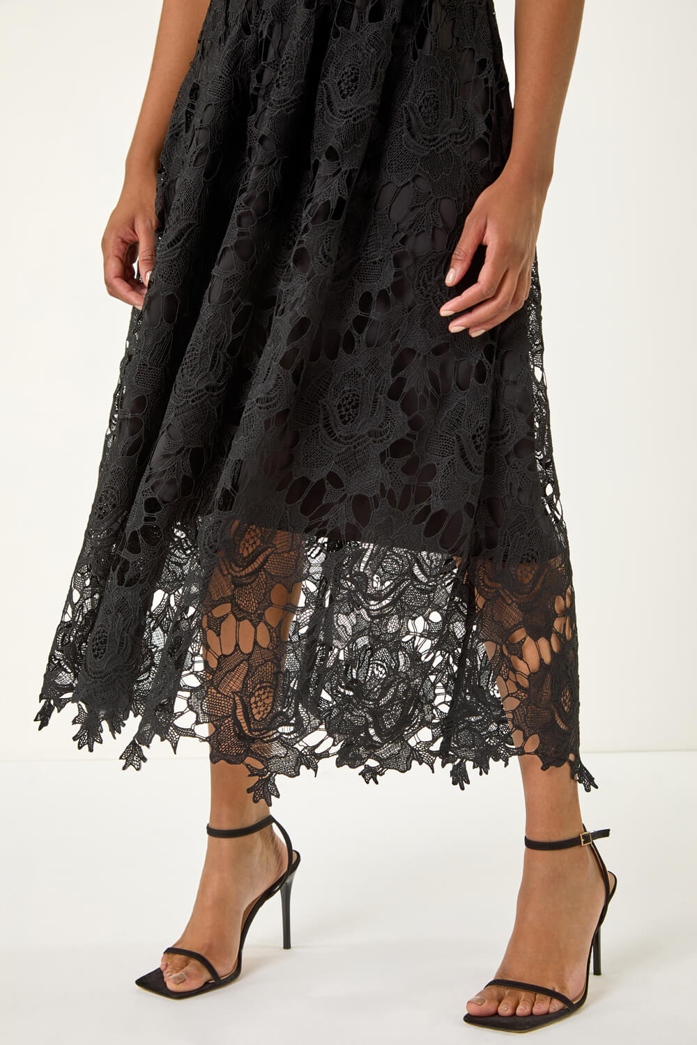 Black Crochet Lace V-Neck Midi Dress, Image 6 of 5