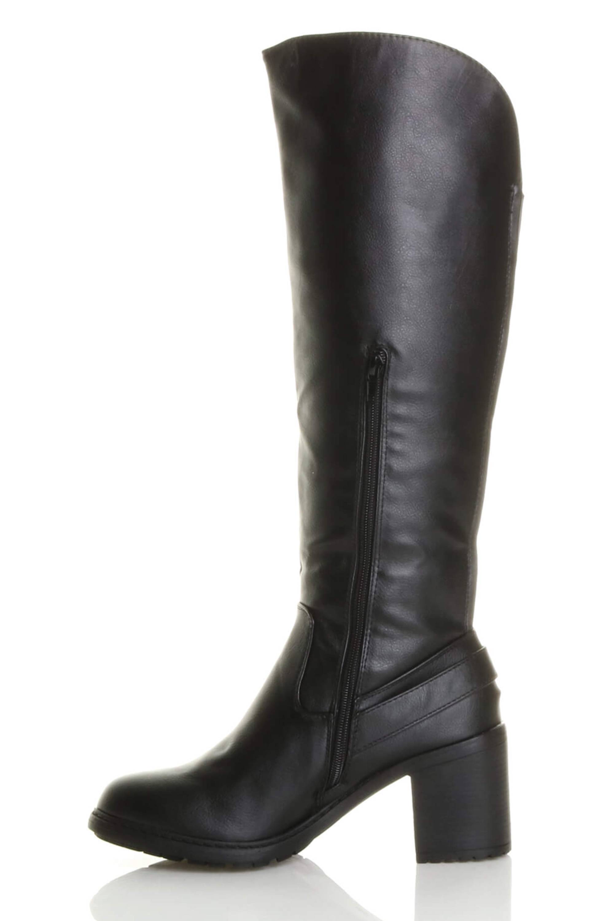 Black High Block Heel Chunky Biker Knee High Boots, Image 3 of 6