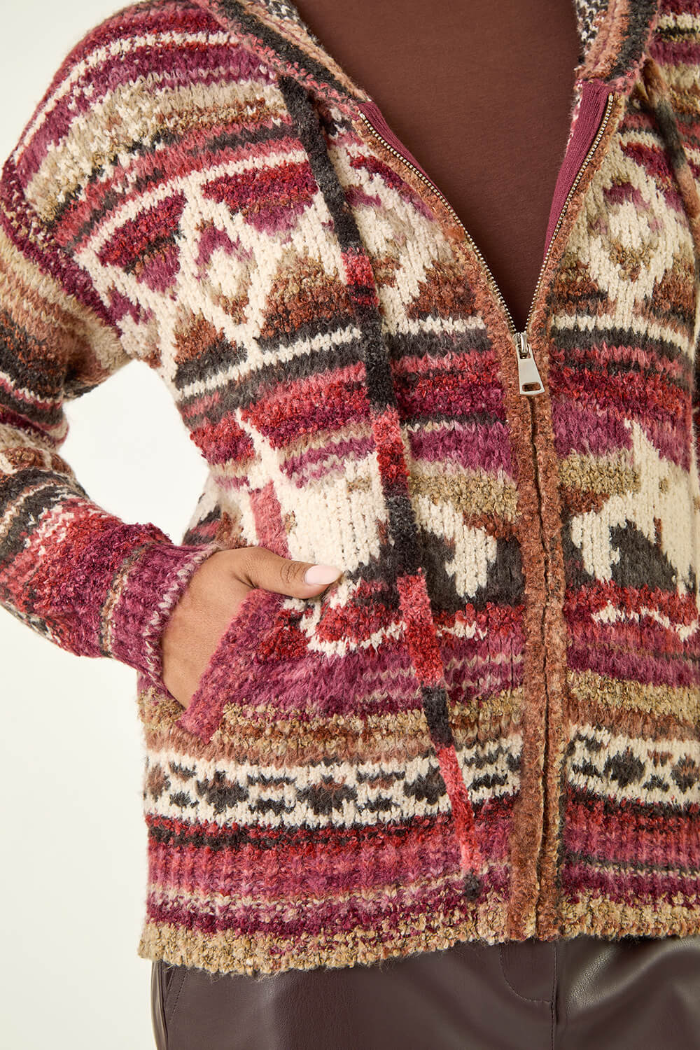 Burgundy Jacquard Zip Hooded Cardigan, Image 6 of 5