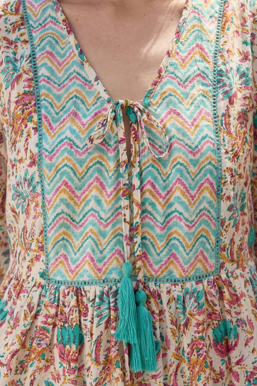PINK Floral Print Tassel Neck Top, Image 5 of 4
