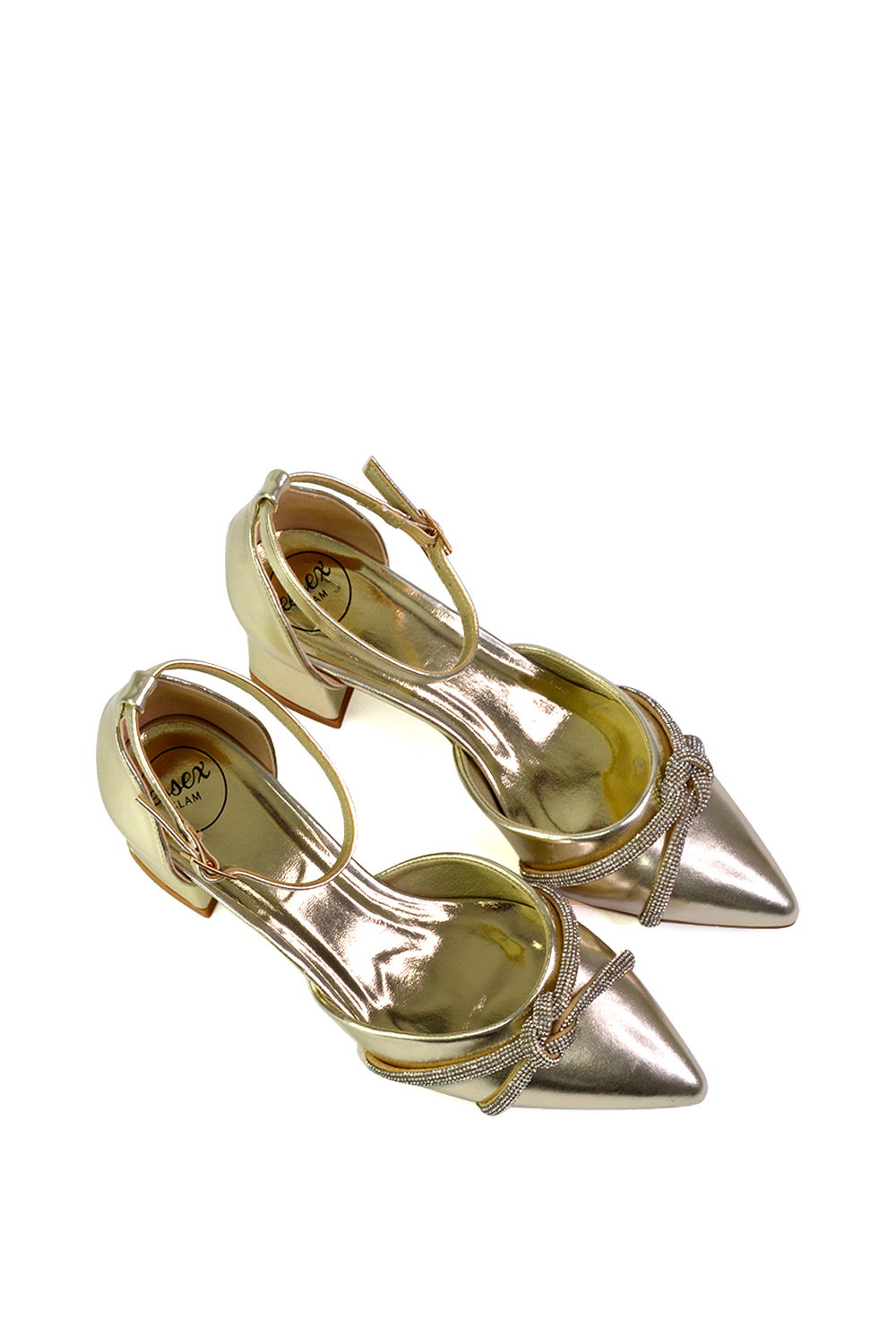 Gold 'Sarah' Ankle Strap Pointed Toe Diamante Mid Block Heels, Image 4 of 5