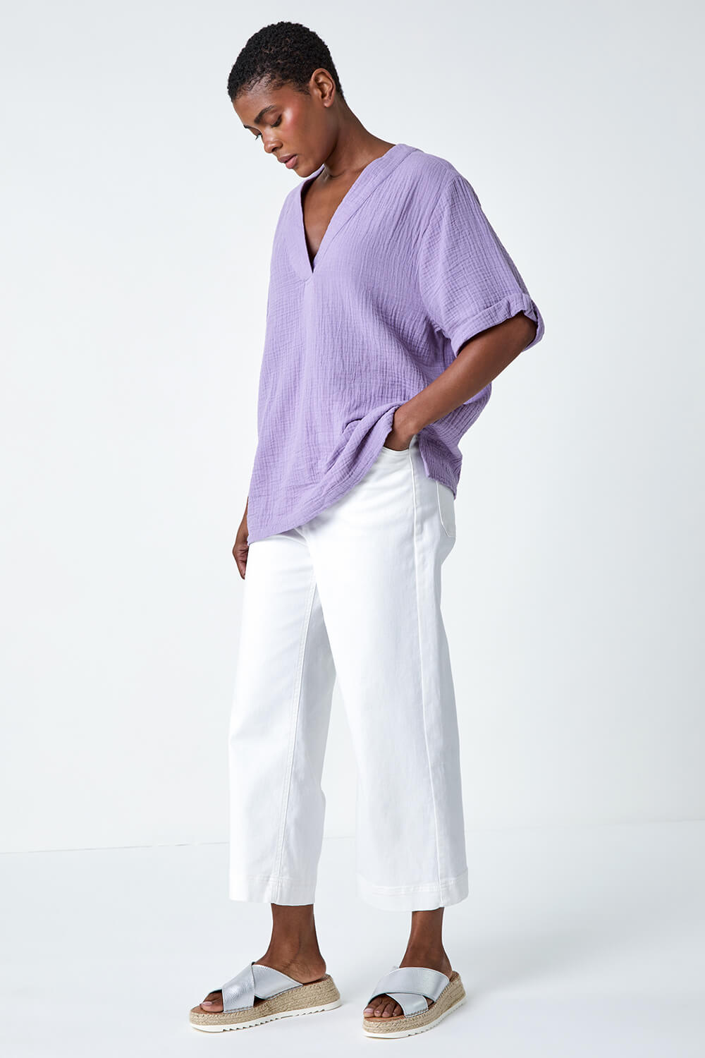 Lilac Textured Cotton Relaxed V-Neck T-Shirt, Image 3 of 6