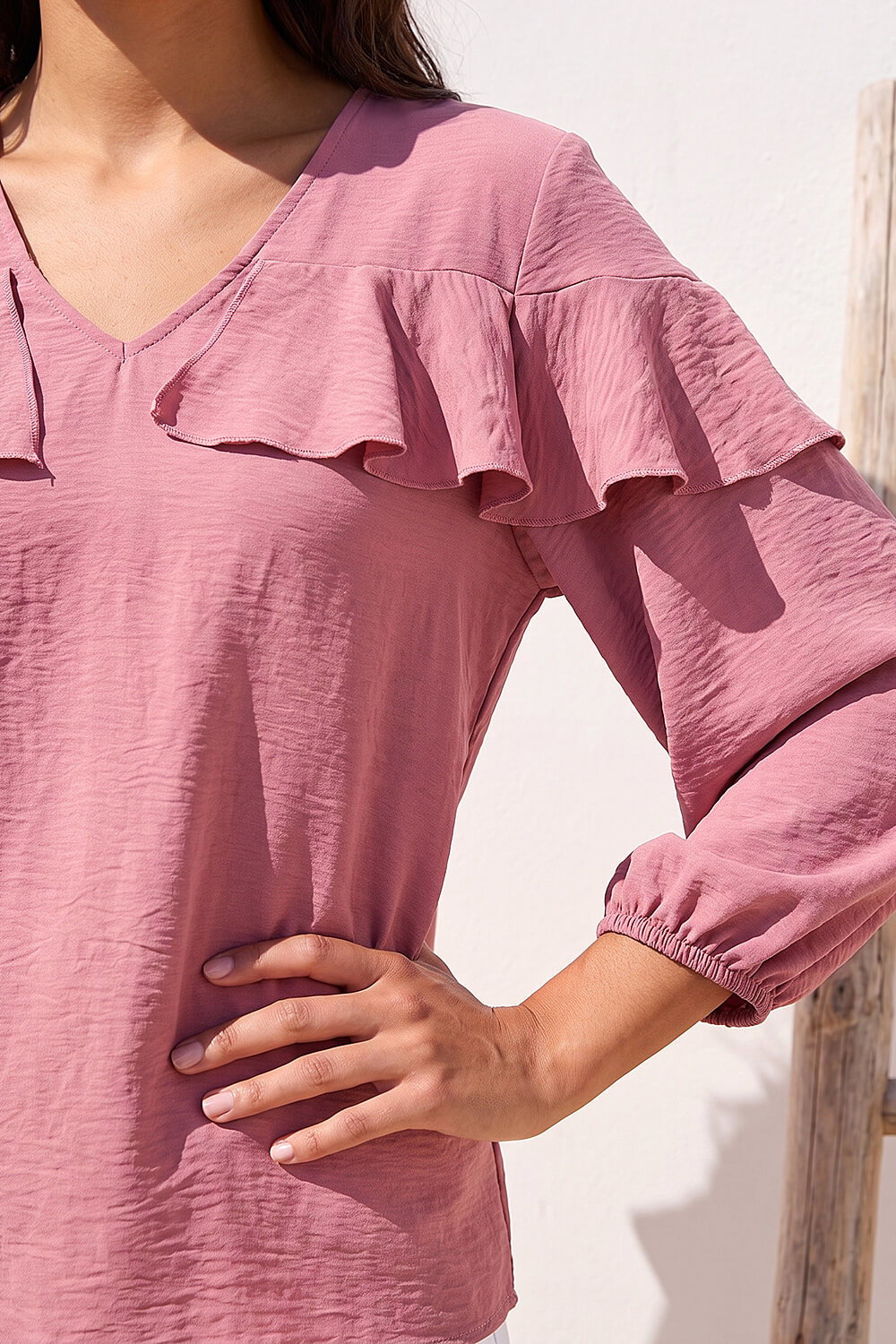 Pink Frill Front Woven Top, Image 5 of 4