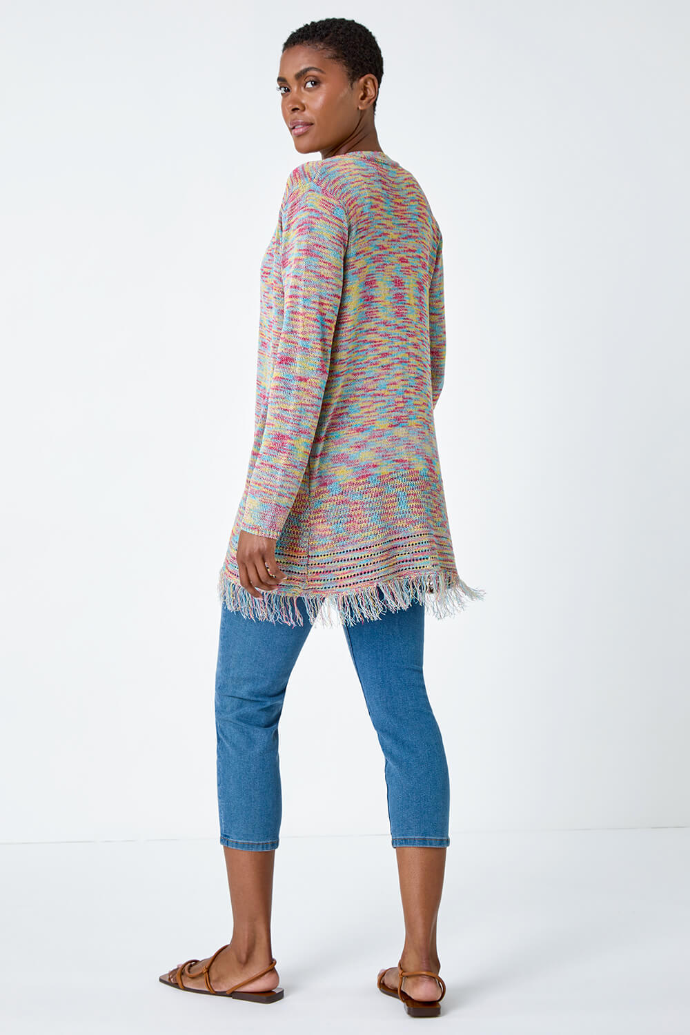Mid-Length Fringed Striped Cardigan