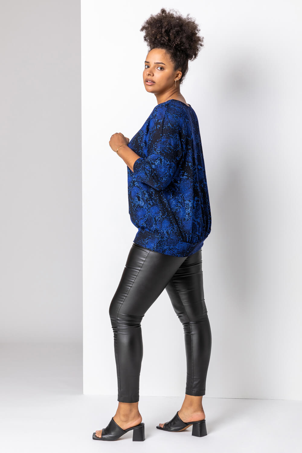 Royal Blue Curve Batwing Sparkle Snake Print Top, Image 3 of 4