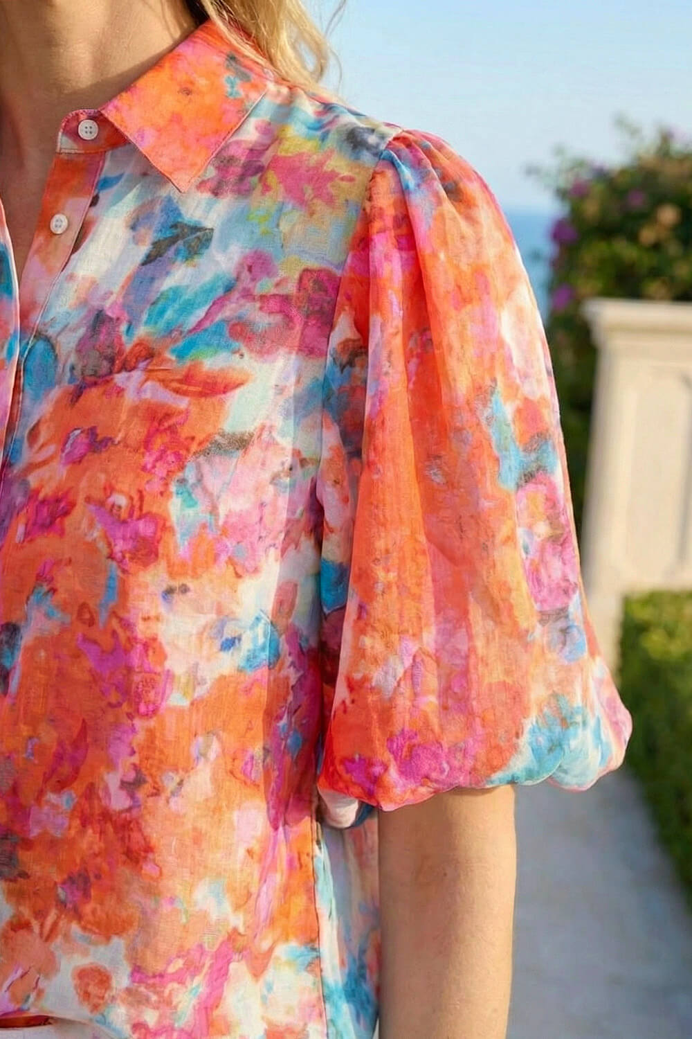 Orange Abstract Print Button Up Blouse , Image 5 of 4