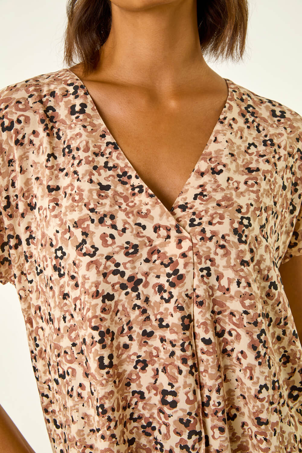 Natural Animal Print V-Neck Pleat Front Top, Image 6 of 5