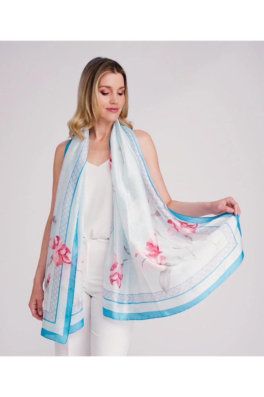 Turqouise Libbie - Floral Satin Silk Scarf, Image 2 of 2