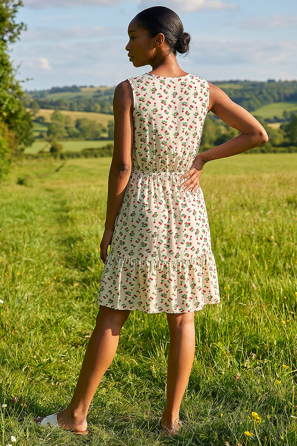 Ivory Petite Cherry Tie Waist Dress, Image 3 of 4