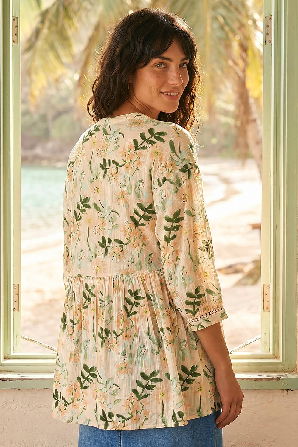 Peach Floral Broderie Trim Tunic Top, Image 4 of 4