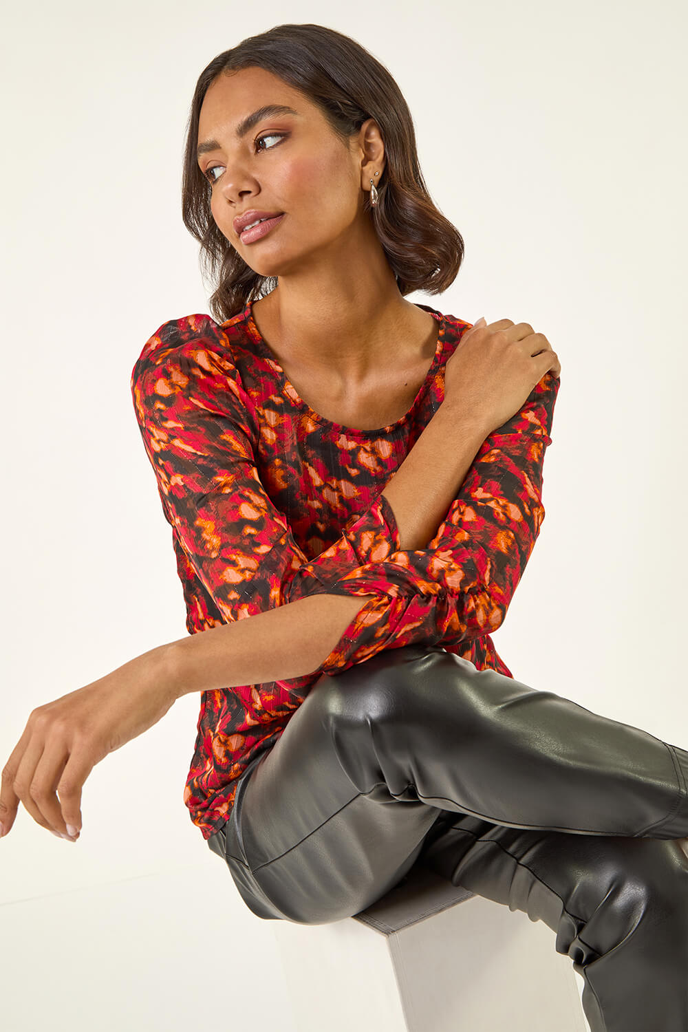 Red Blurred Satin Stripe Top, Image 3 of 5
