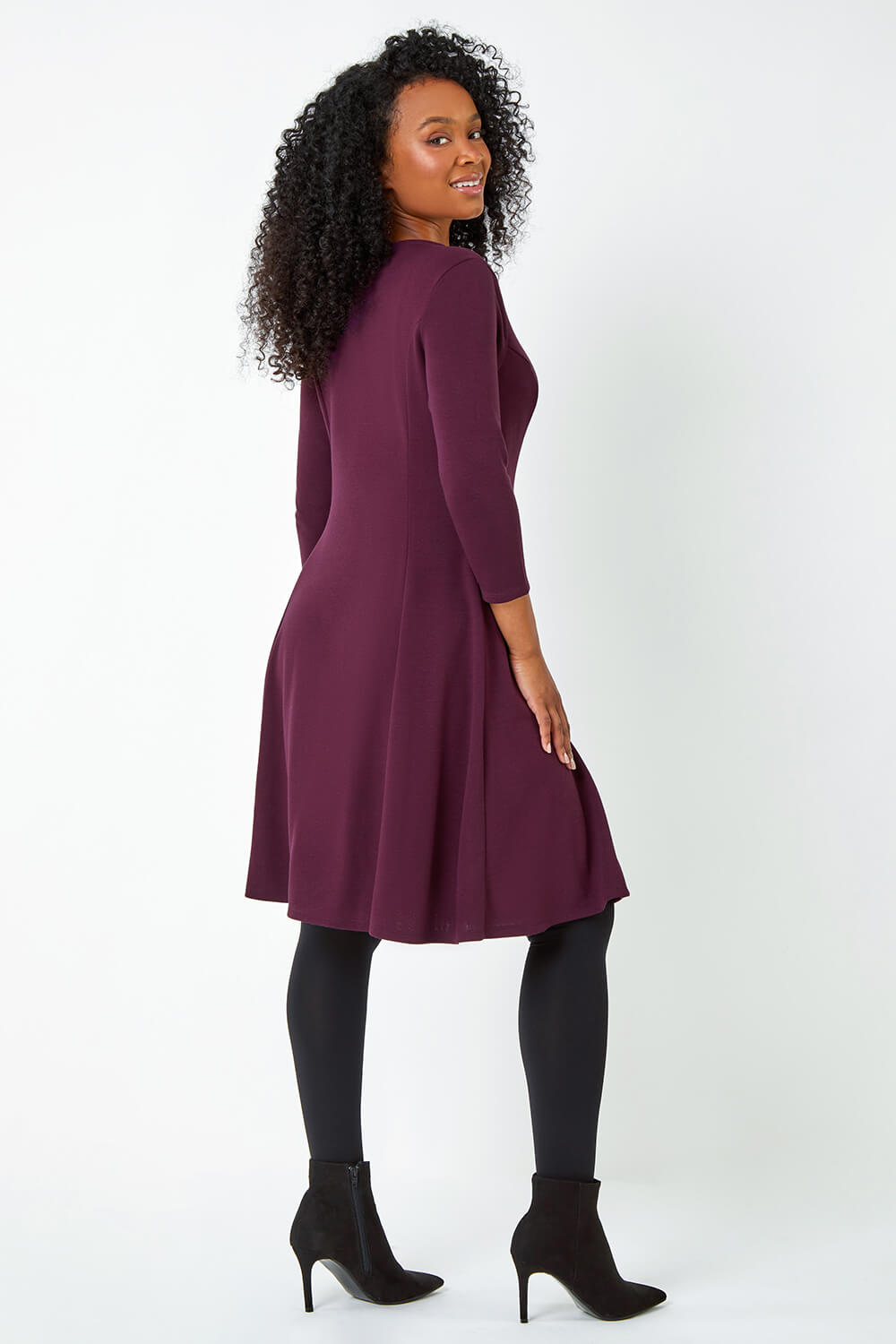 Purple Petite Panelled Skater Stretch Dress, Image 4 of 5