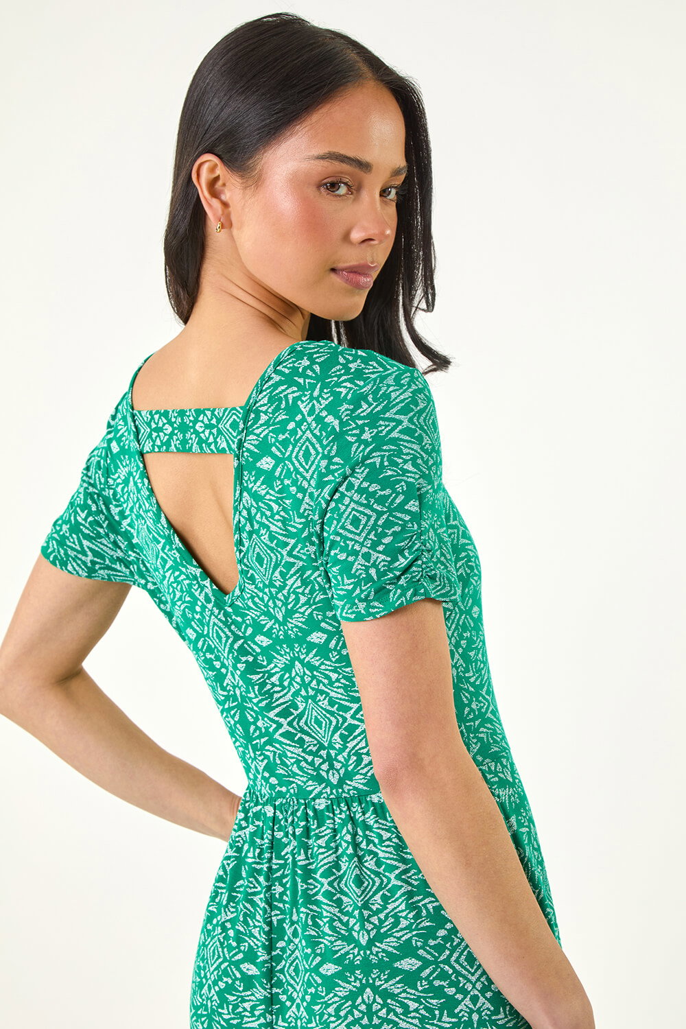 Green Petite Aztec Gathered Dress | Petite UK