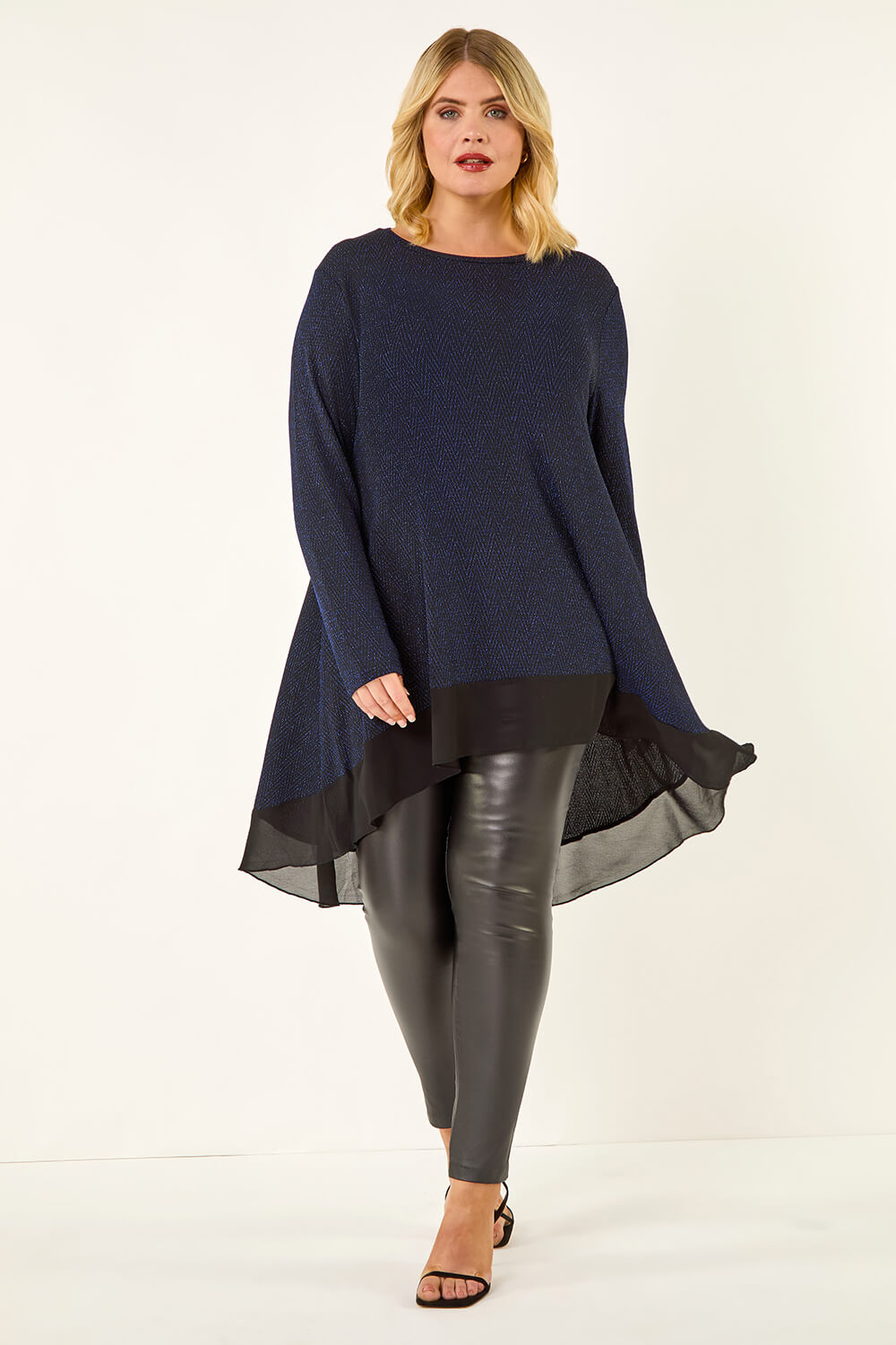 Blue Curve Glitter Chiffon Hem Tunic Top, Image 3 of 5
