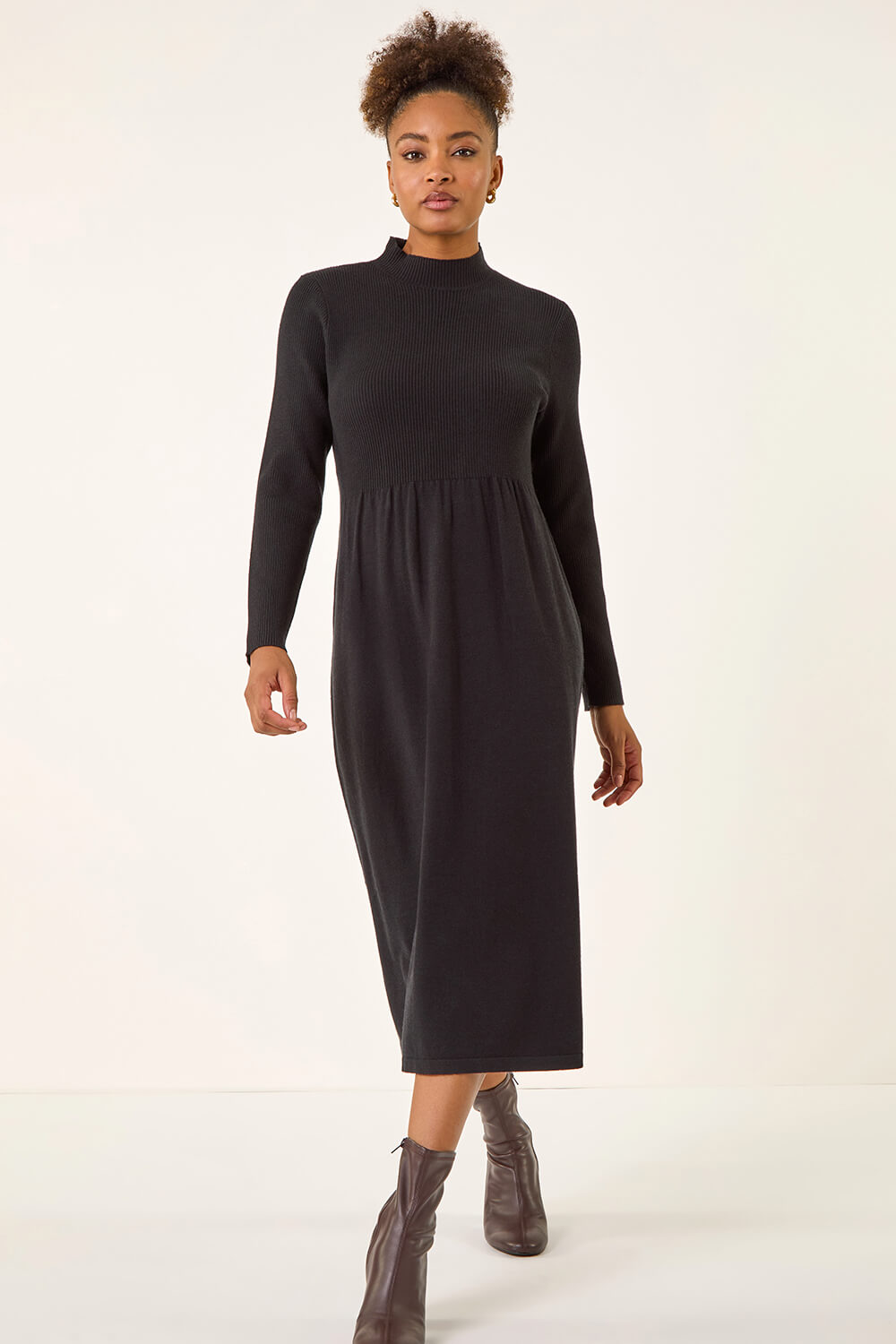 Black Ribbed Knit High Neck Midi Dress, Image 3 of 5