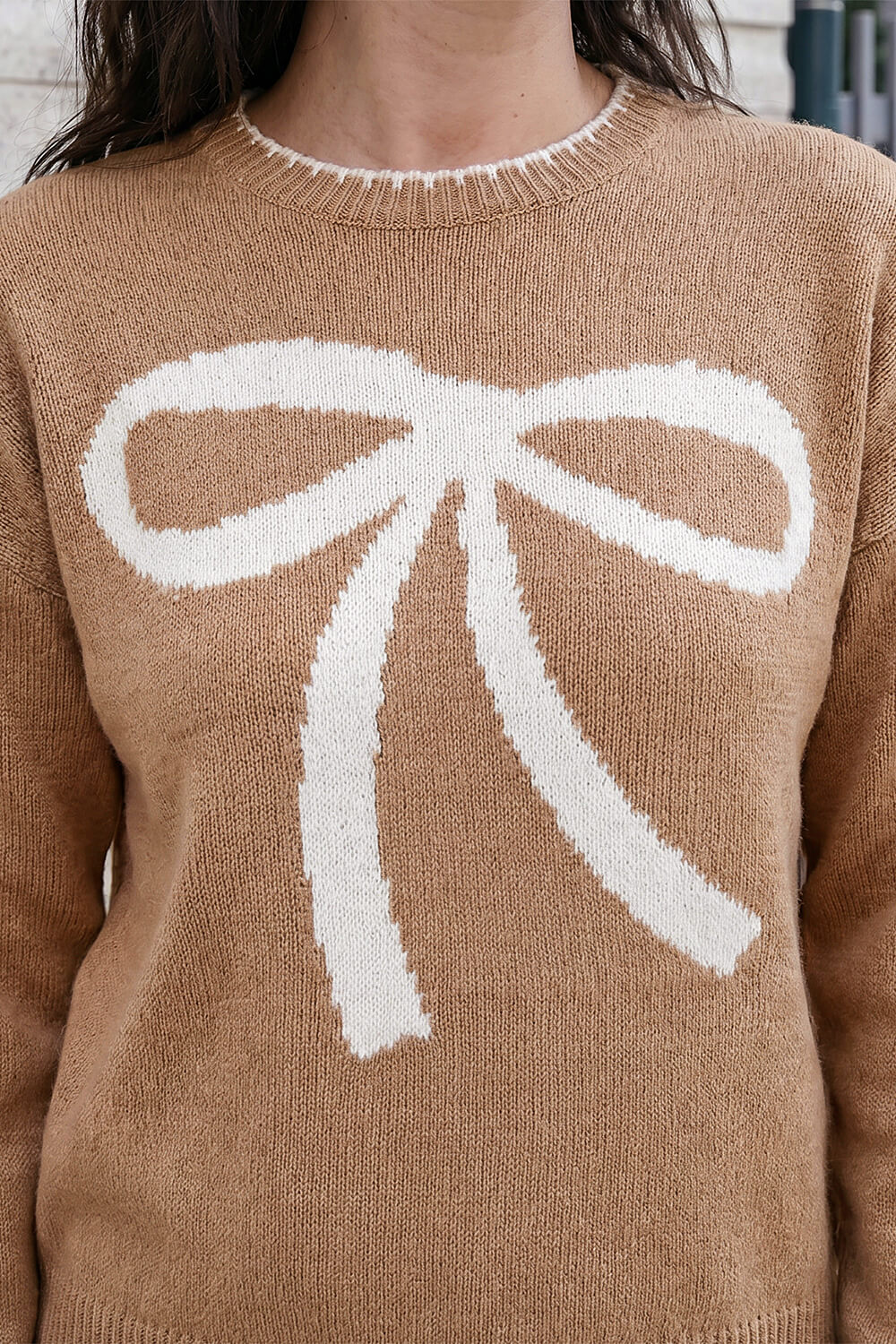 Camel Contrast Stitch Bow Knit Jumper, Image 5 of 4