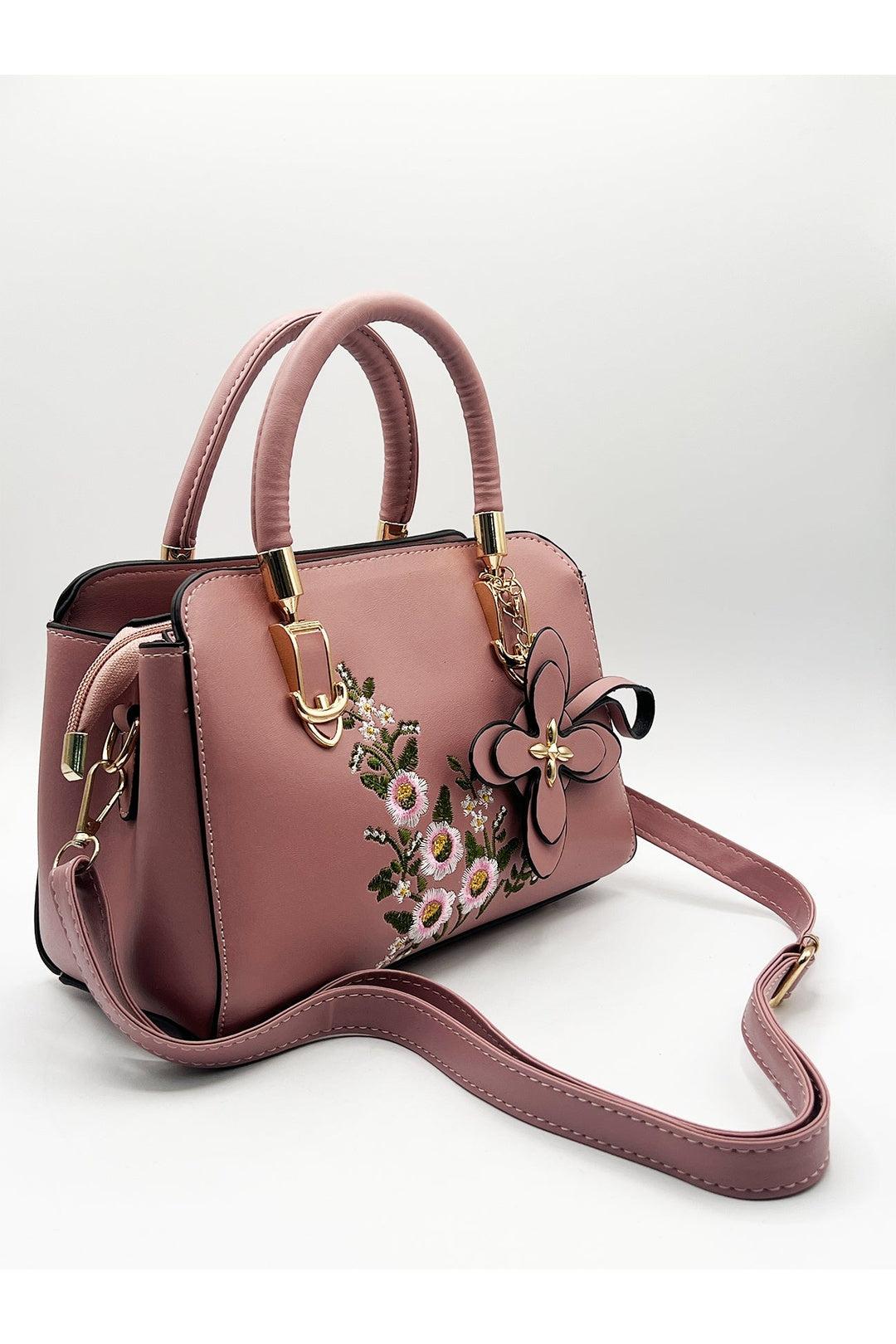 Pink Embroidered Floral Rounded Grab Bag in Pink, Image 3 of 6