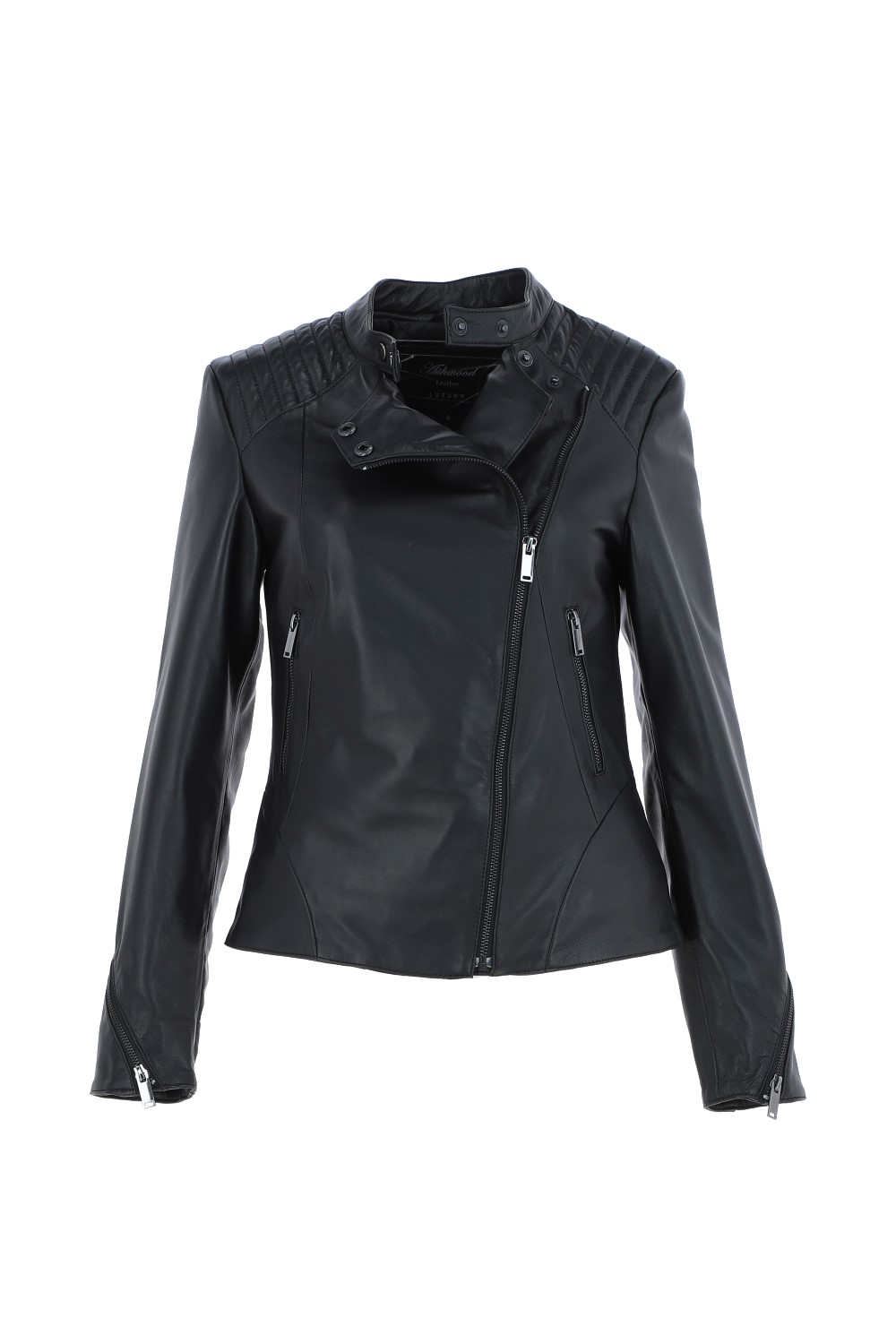 Black Veg Tanned Biker Jacket With Double Button Mandarin Collar, Image 2 of 4