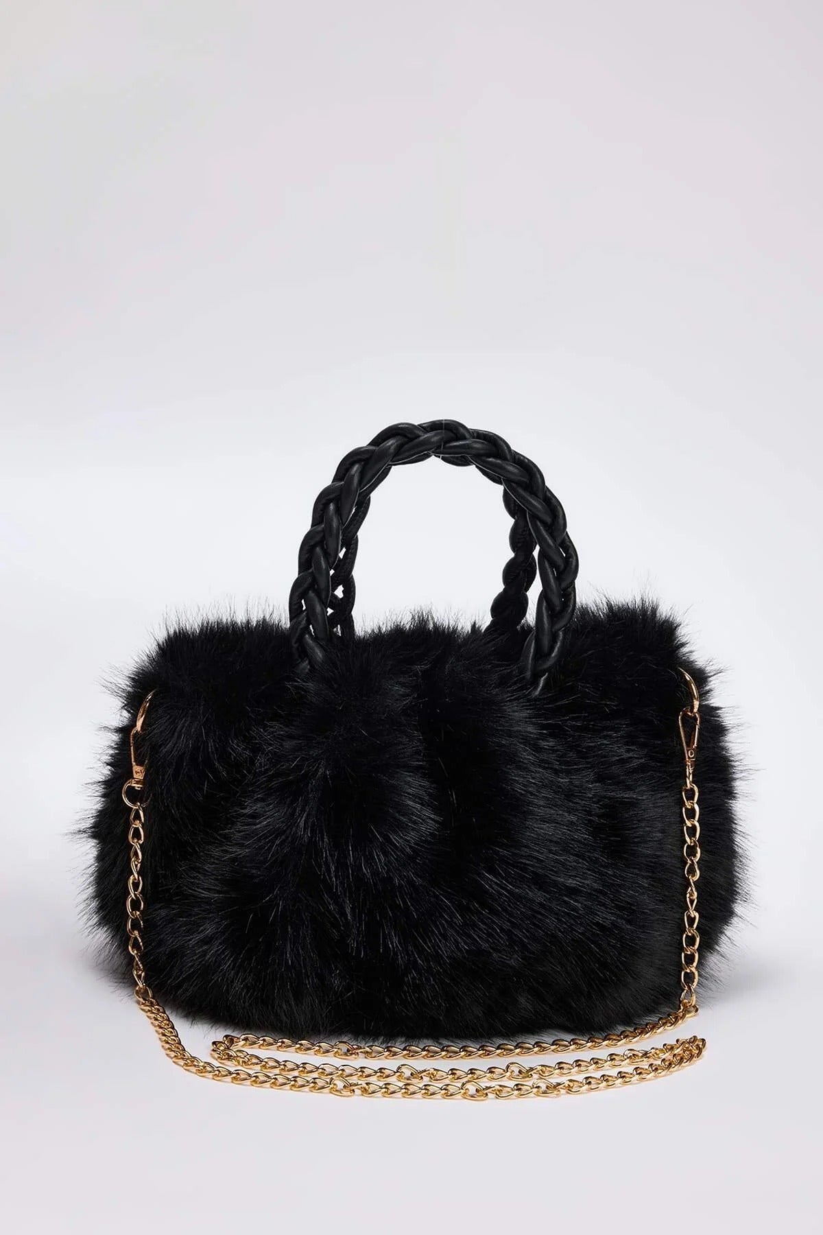 Black Women's Faux Fur Gathered Shoulder Bag with Braided Handle, Image 1 of 3