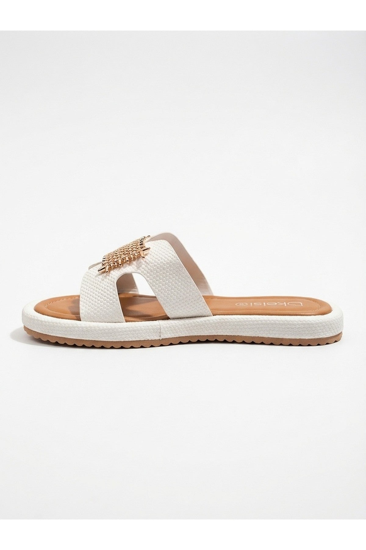 White Amber Gold Woven Buckle Slides, Image 3 of 6