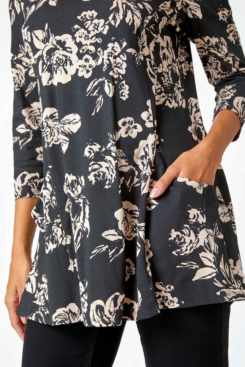 Black Floral Print Pocket Stretch Swing Top, Image 6 of 5
