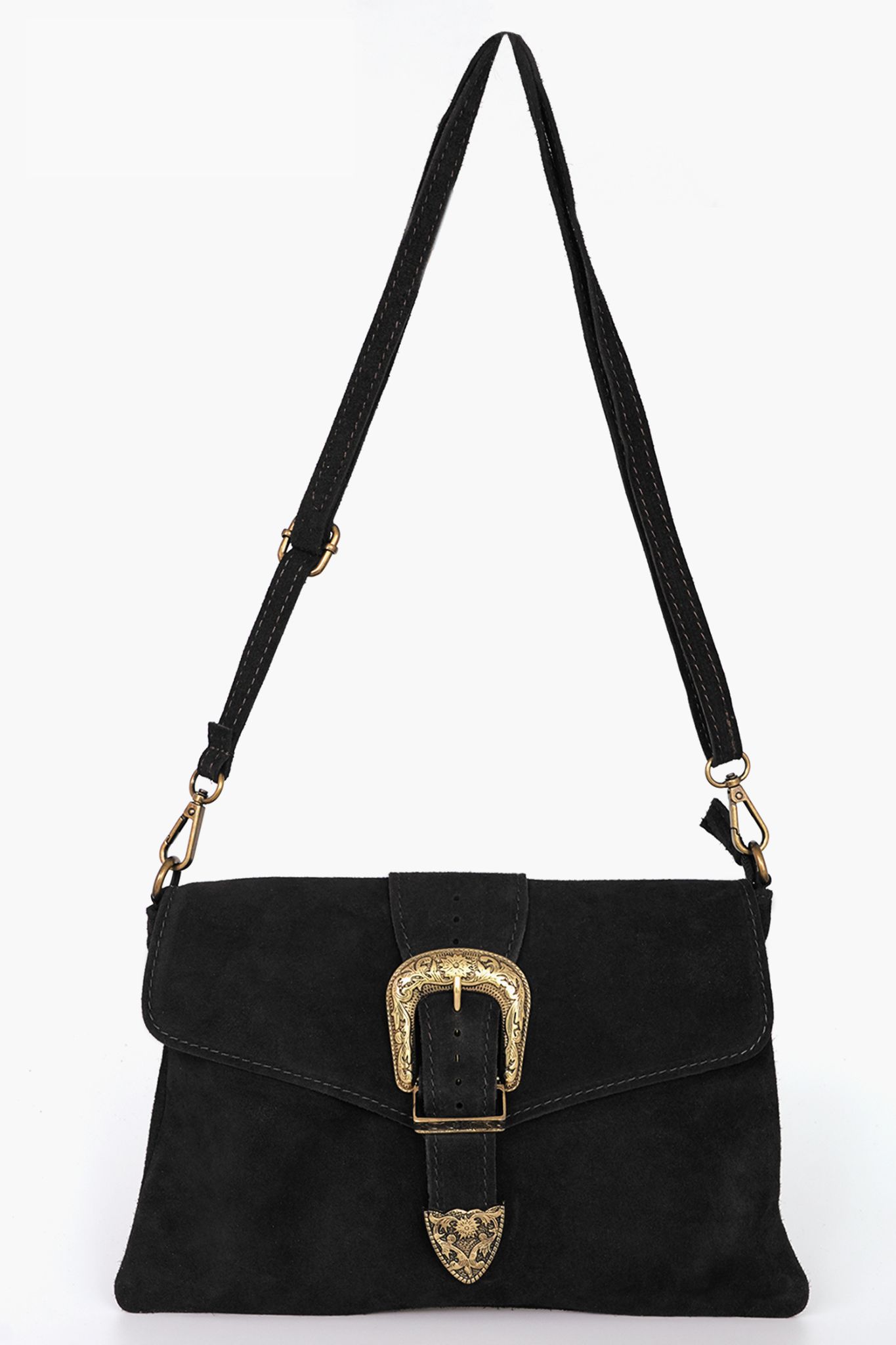 Black Buckle Clutch Bag Italian Suede Leather