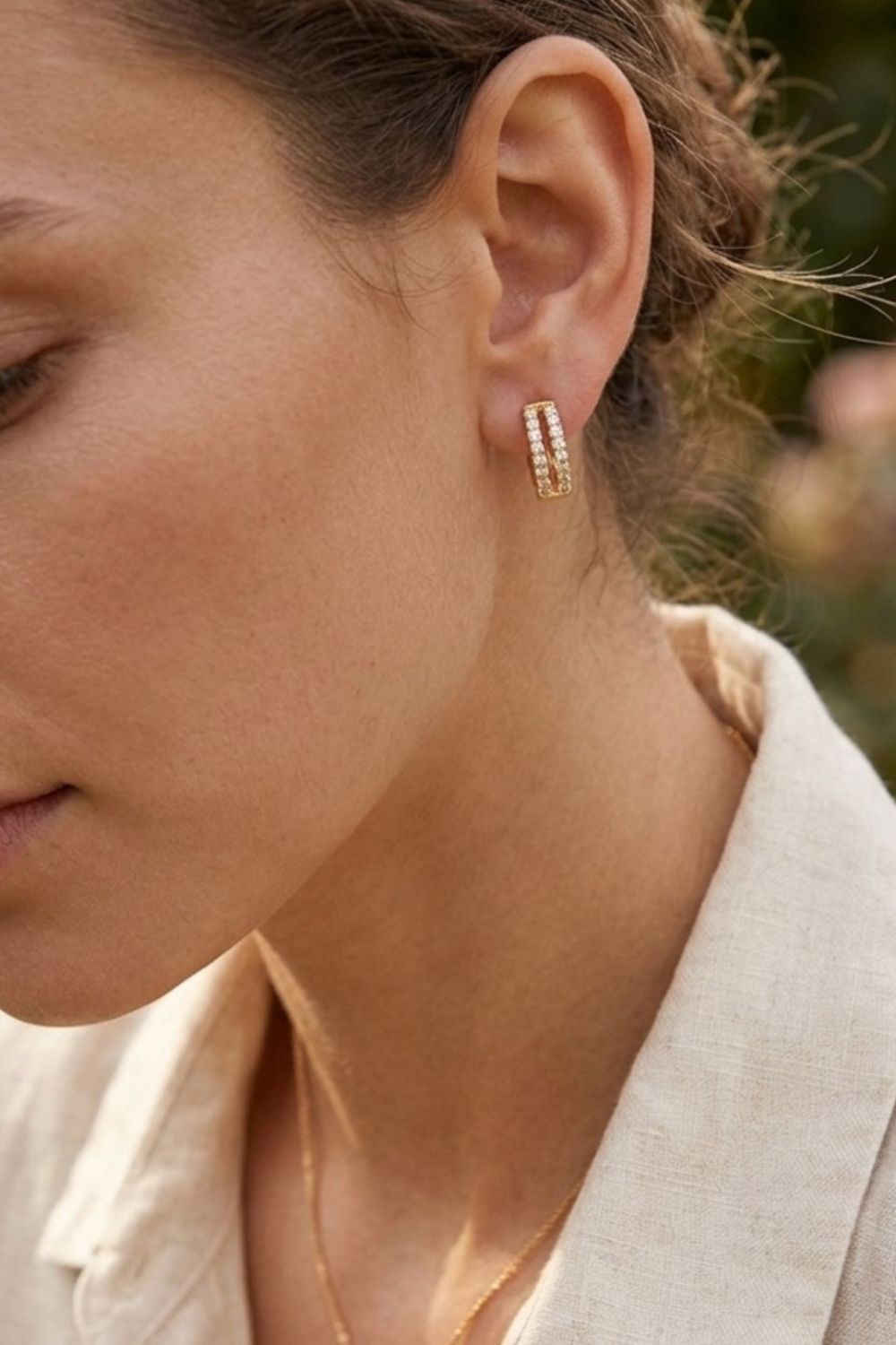 Gold Gold Split Band Crystal Huggie Hoop Earrings - 1cm Brass Hoops, Image 3 of 3