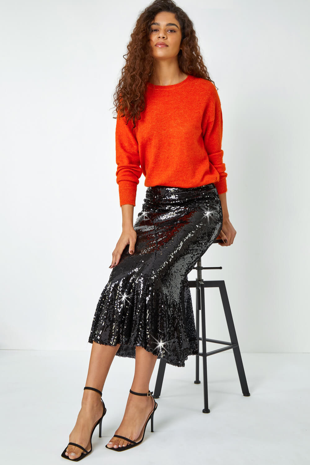 Black Sequin Embellished Fluted Midi Skirt, Image 4 of 6