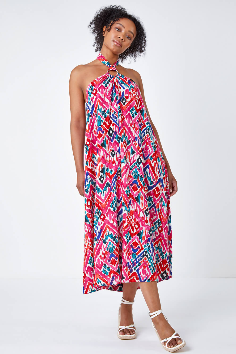 Pink Petite Midi Halterneck Print Dress, Image 3 of 5