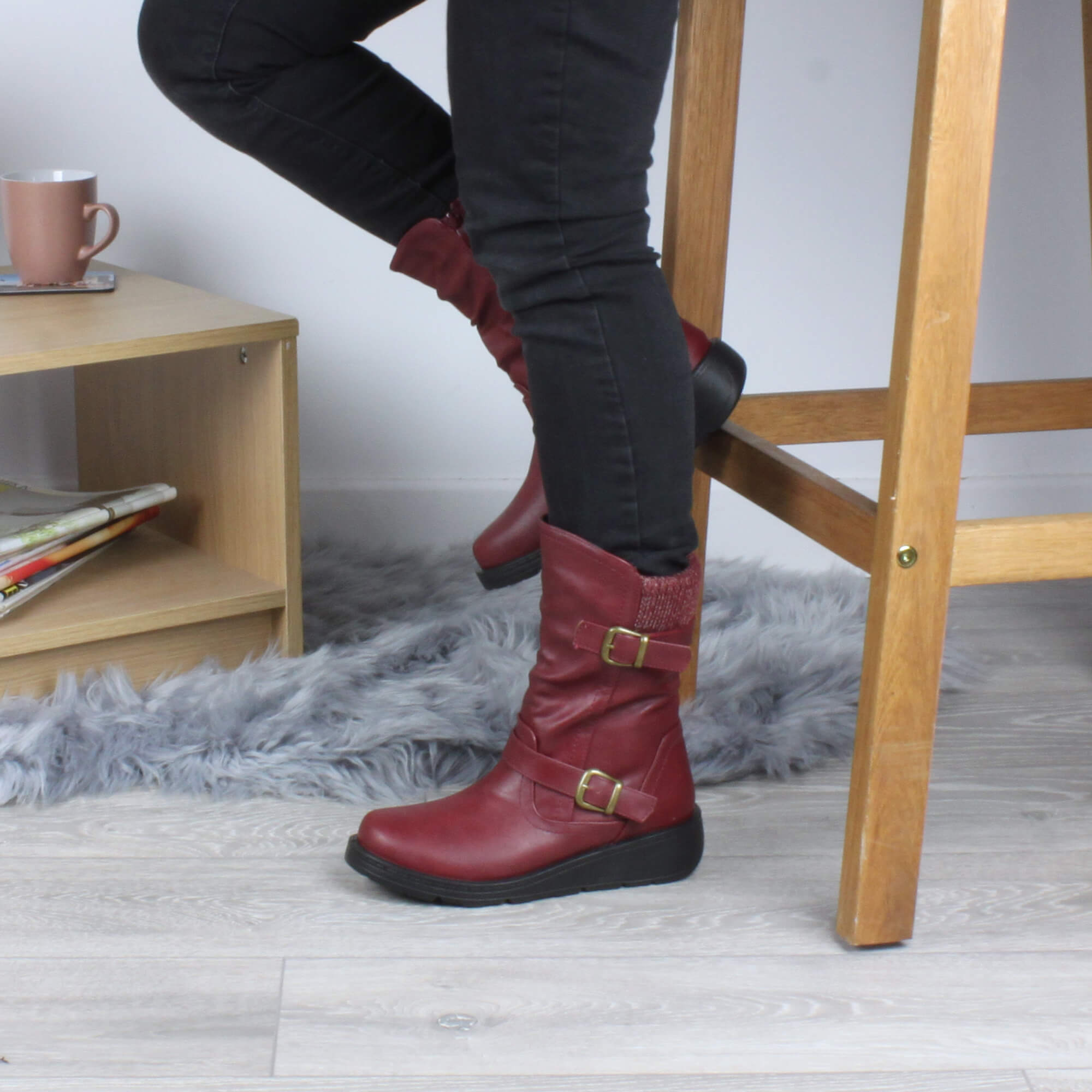 Burgundy AJVANI Burgundy Low Wedge Heel Comfort Calf Biker Boots, Image 5 of 6