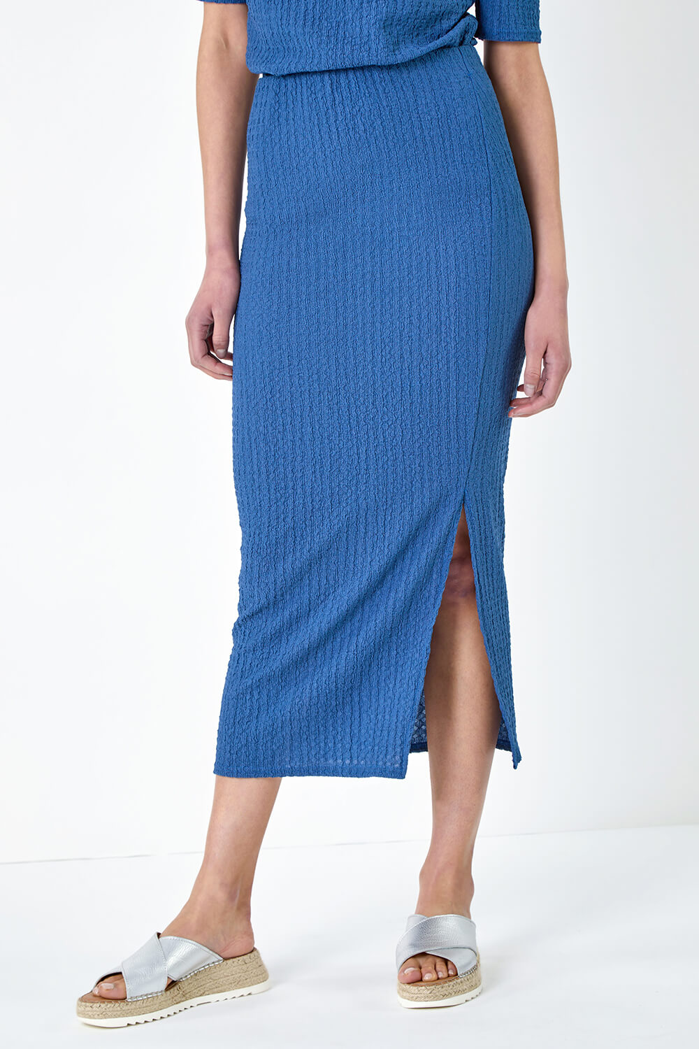 Denim Textured Stretch Midi Elastic Waist Skirt, Image 1 of 5