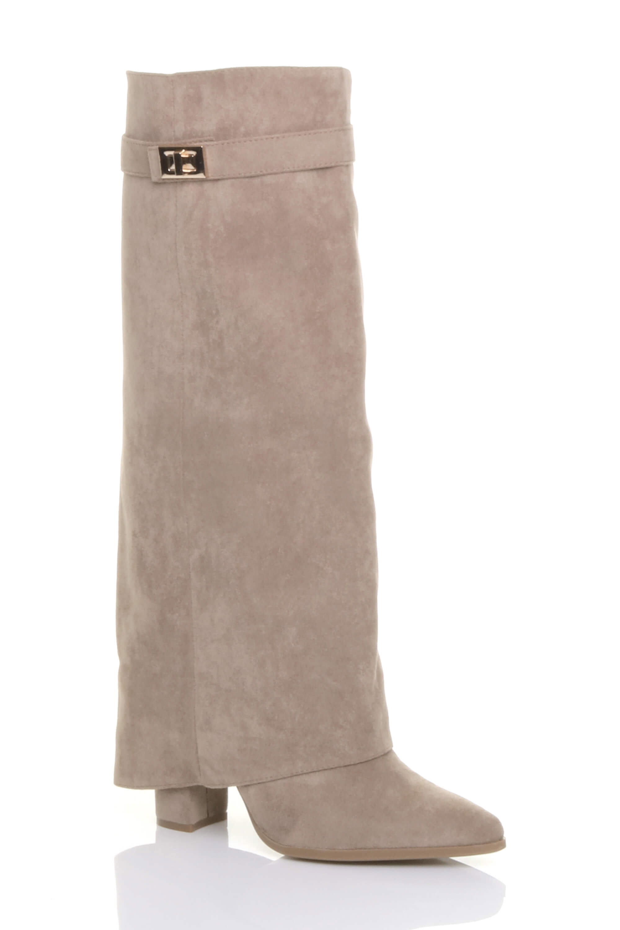 Khaki AJVANI Khaki High Block Heel Pointed Toe Fold Over Knee Boots, Image 2 of 4