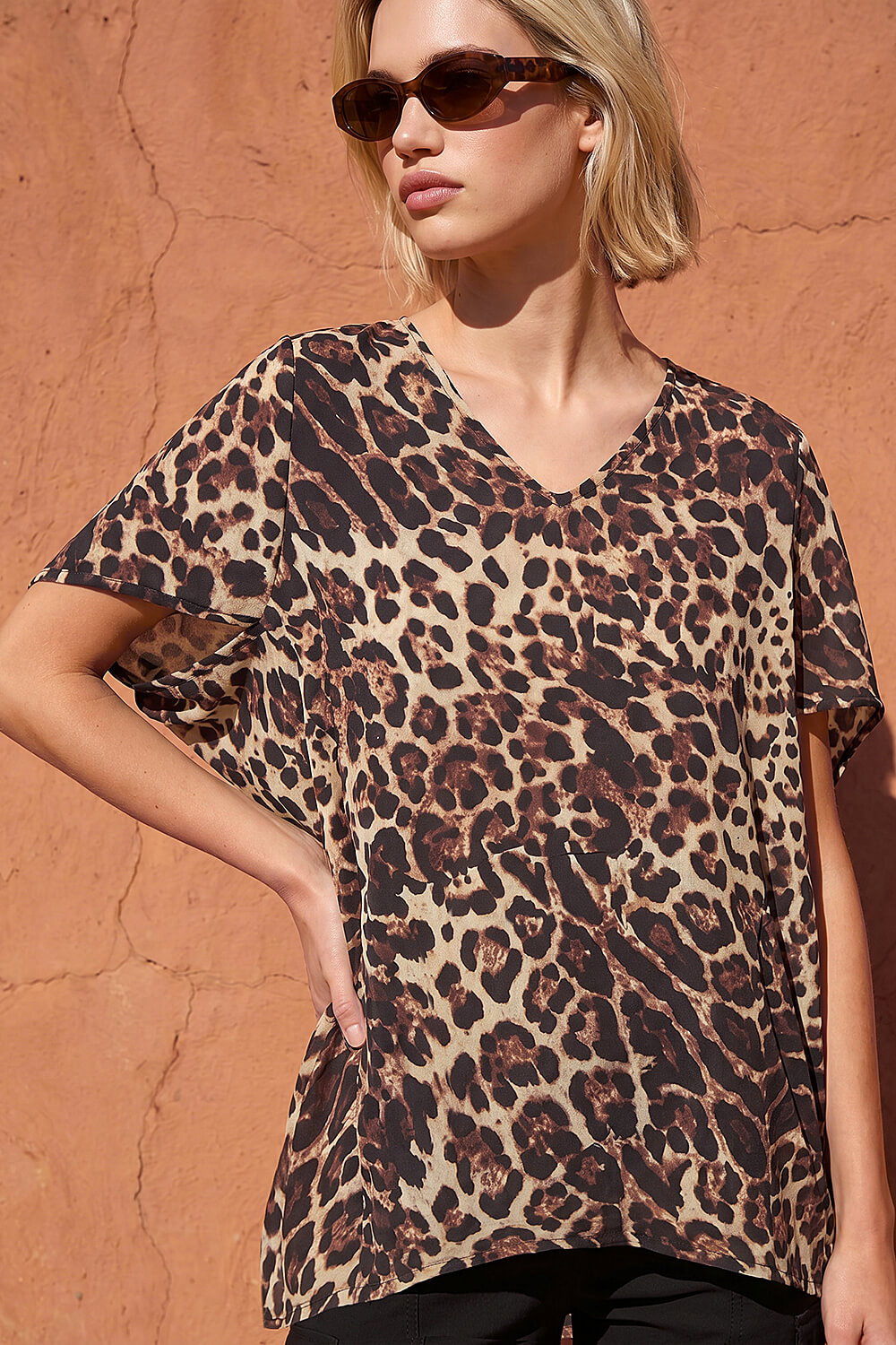 Natural Animal Print V-Neck Top, Image 1 of 4