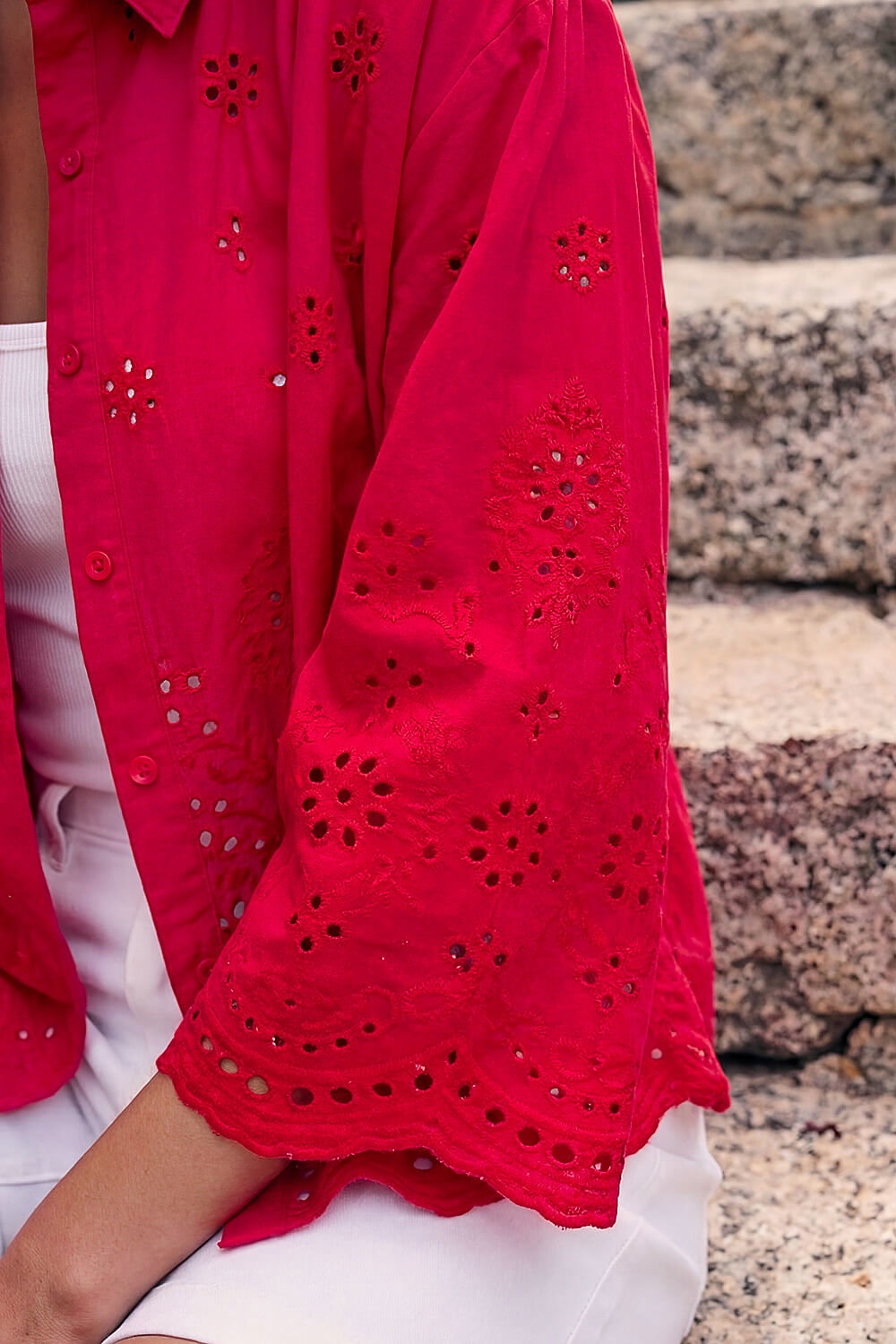 Red Broderie Hem Buttoned Shirt, Image 5 of 4