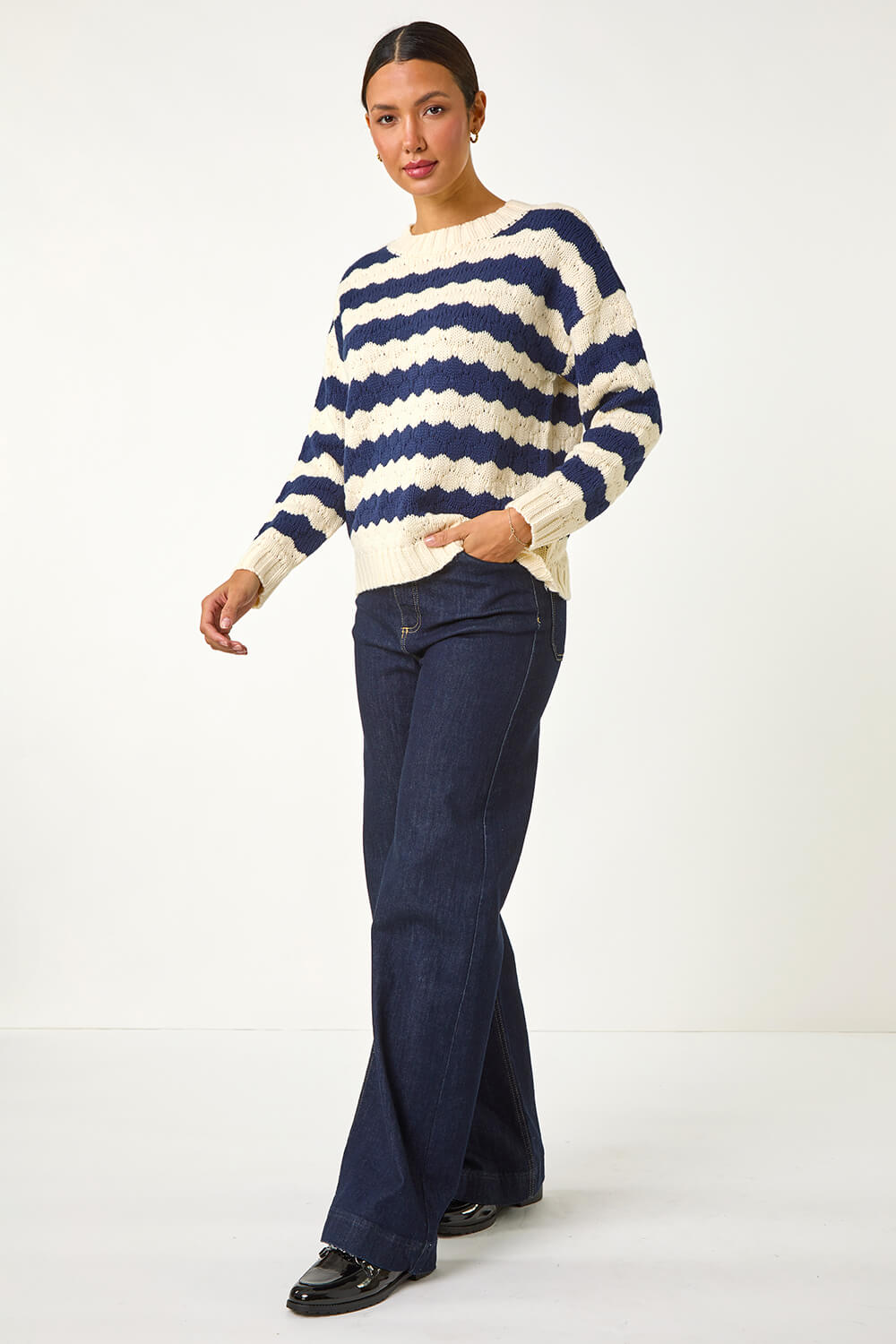 Midnight Blue Wave Colour Block Knit Jumper, Image 5 of 5