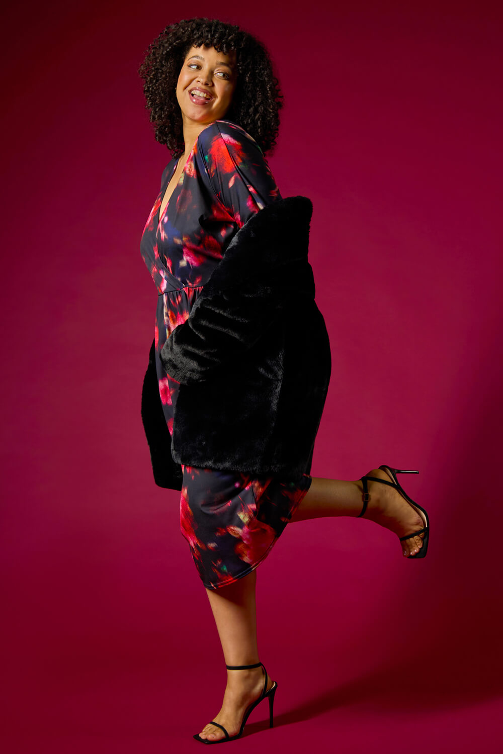 Red Curve Floral Print Mesh Midi Dress, Image 8 of 8
