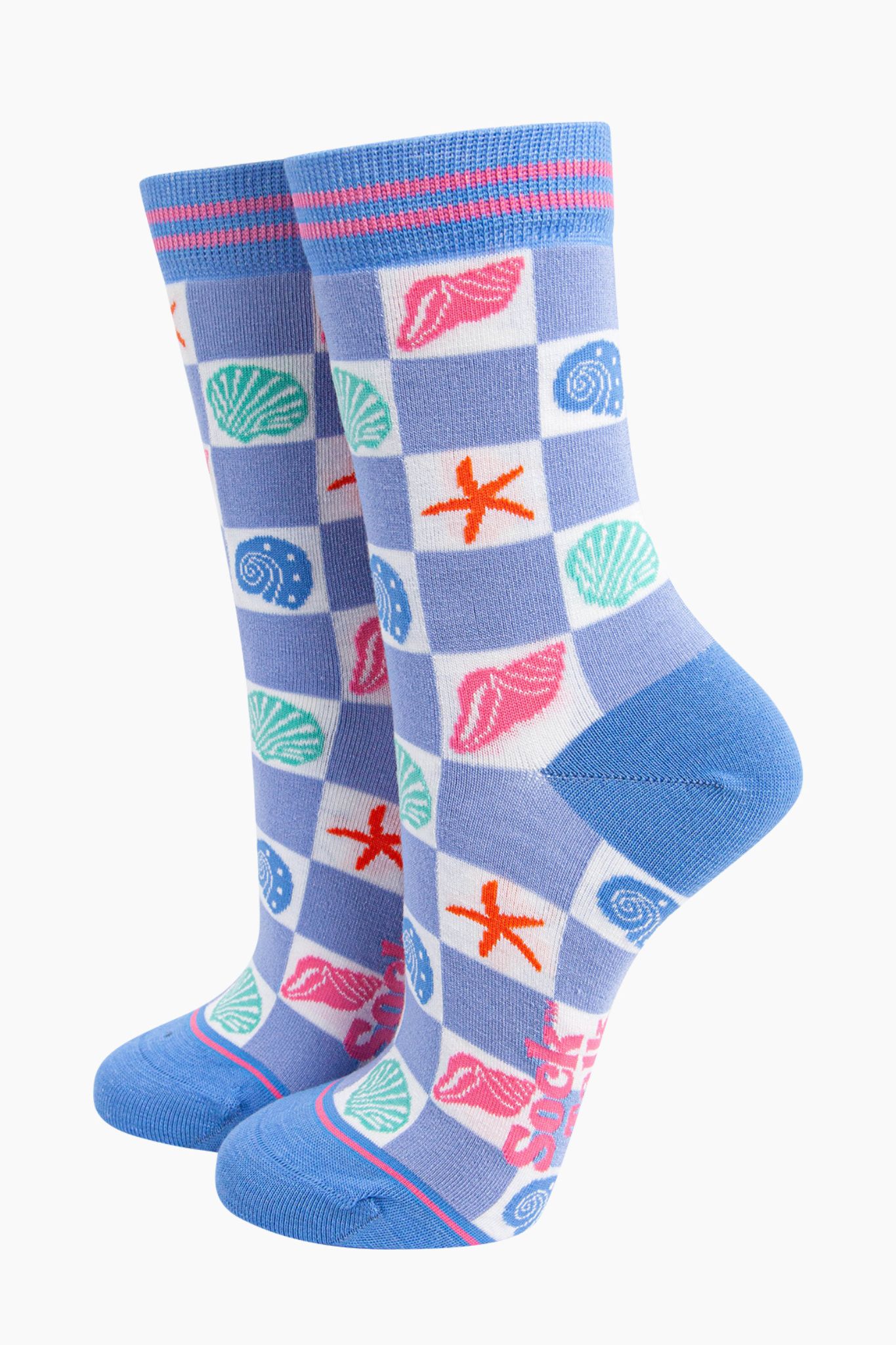 Blue Seashell Checkerboard Bamboo Socks In Blue