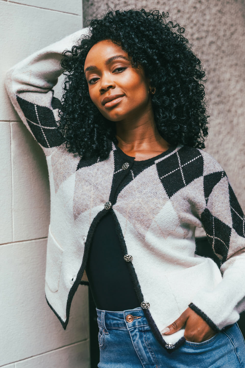 Natural  Petite Buttoned Argyle Knit Cardigan, Image 7 of 7