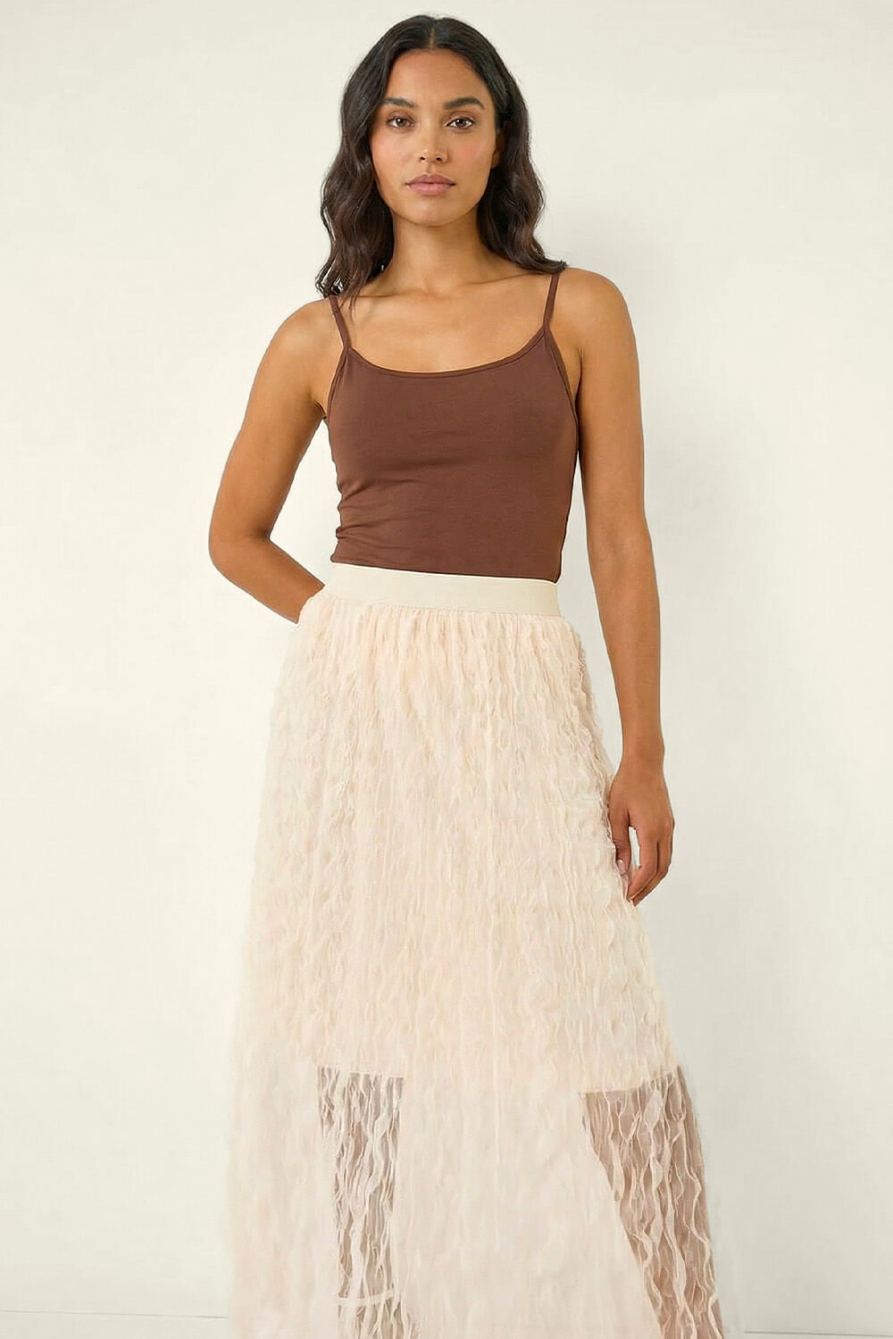 Natural  Textured Mesh Skirt, Image 4 of 5