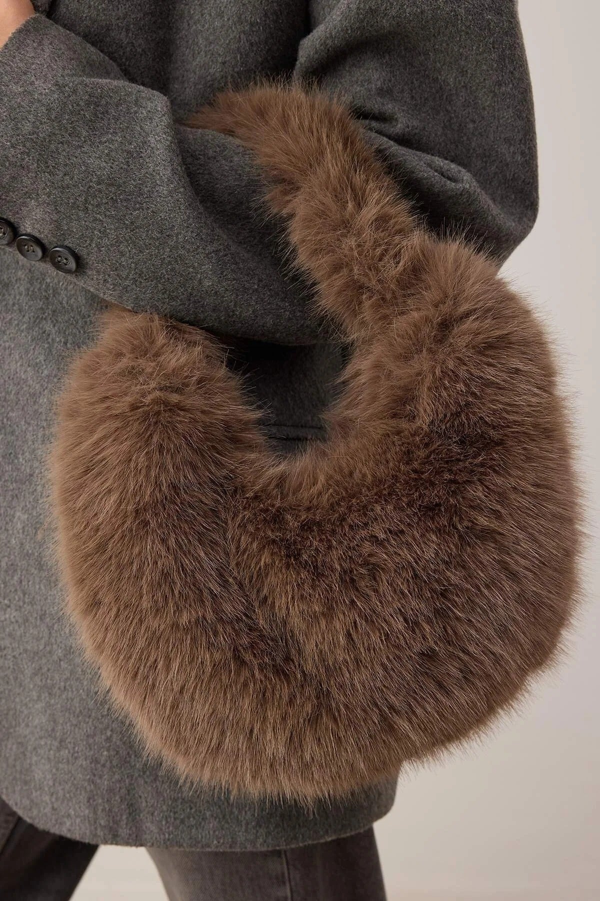 Taupe Women's Faux Fur Crescent Mini Grab Bag, Image 2 of 2
