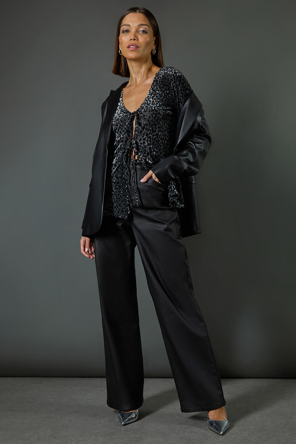 Grey Front Tie Velvet Animal Print Burnout Top, Image 7 of 7
