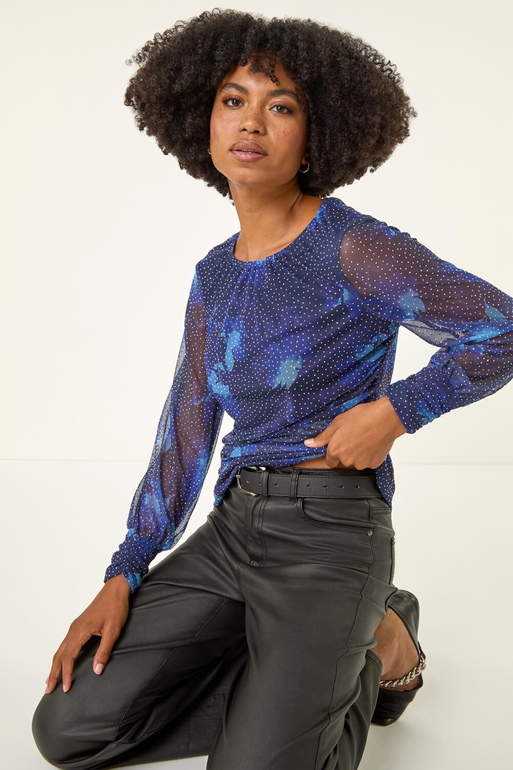 Navy Printed Stud Mesh Stretch Top, Image 5 of 5