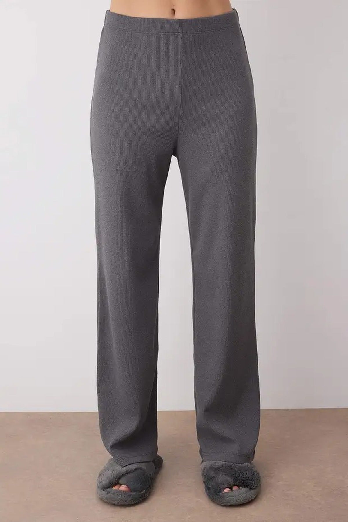 Grey WOVCOR Grey Soft Touch Long Sleeve Pyjama Top and Wide Leg Trouser Set, Image 2 of 3