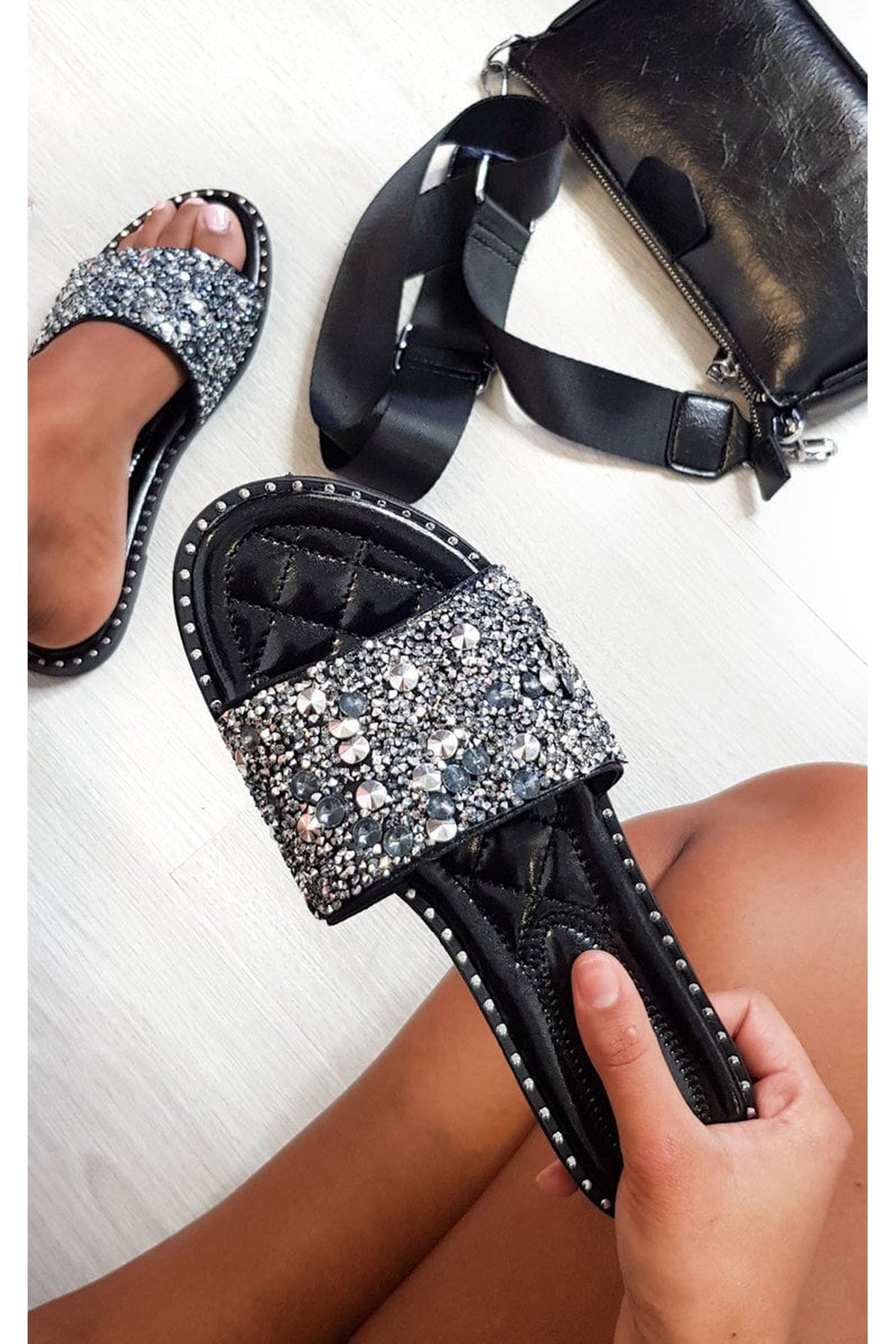 Black Sofie Embellished Slip On Sandals